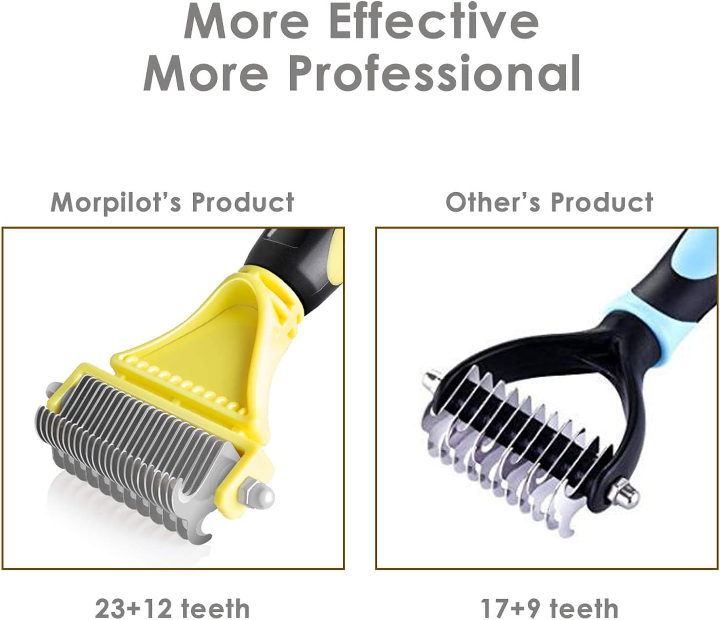 Demonstrates that Morpilot's product has more teeth (23+12) compared to a competitor's product (17+9), positioning it as more effective and professional for grooming tasks.
