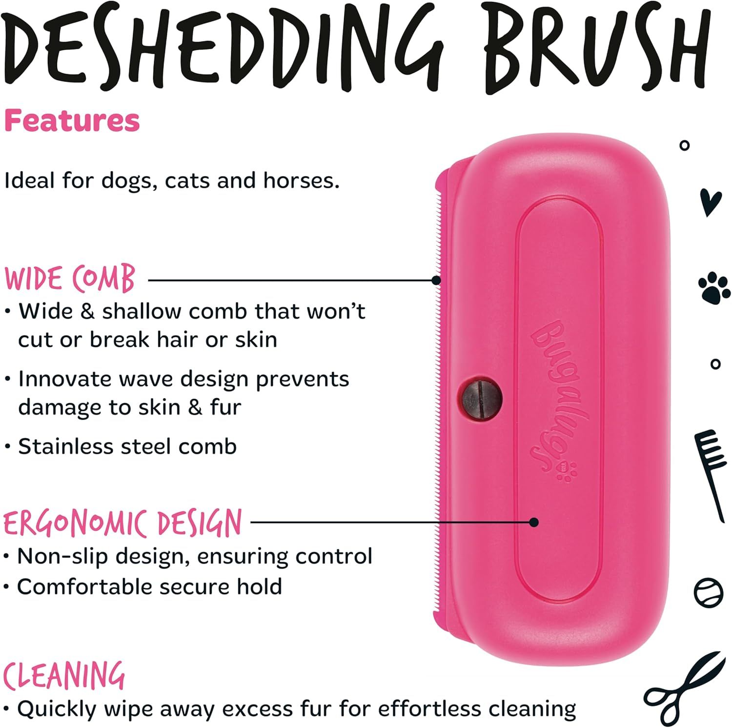 Showcases multiple features of the deshedding brush including the wide comb design, ergonomic non-slip grip, and easy cleaning capability to demonstrate the product's comprehensive benefits for pet…