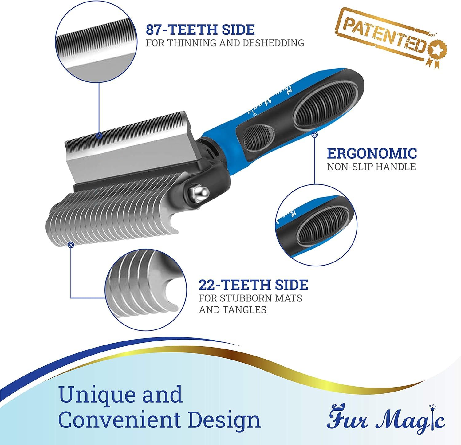This image breaks down the dual-sided grooming tool by highlighting its specific functional components: the fine-toothed side for thinning, the wider-toothed side for detangling, and the ergonomic…