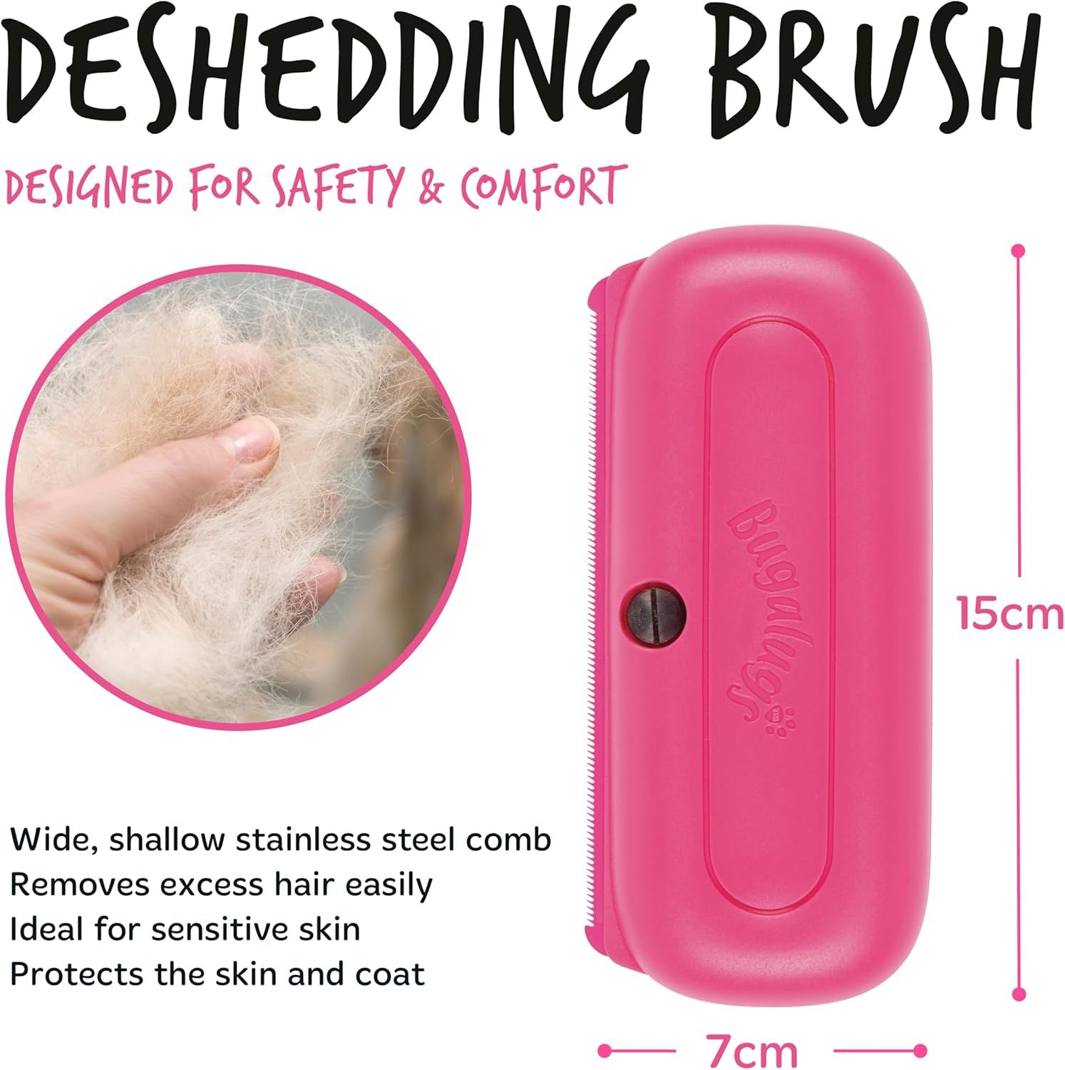 Communicates multiple benefits of the deshedding brush including its safe design for sensitive skin, effective hair removal with stainless steel comb, and protective features for both skin and coat.…