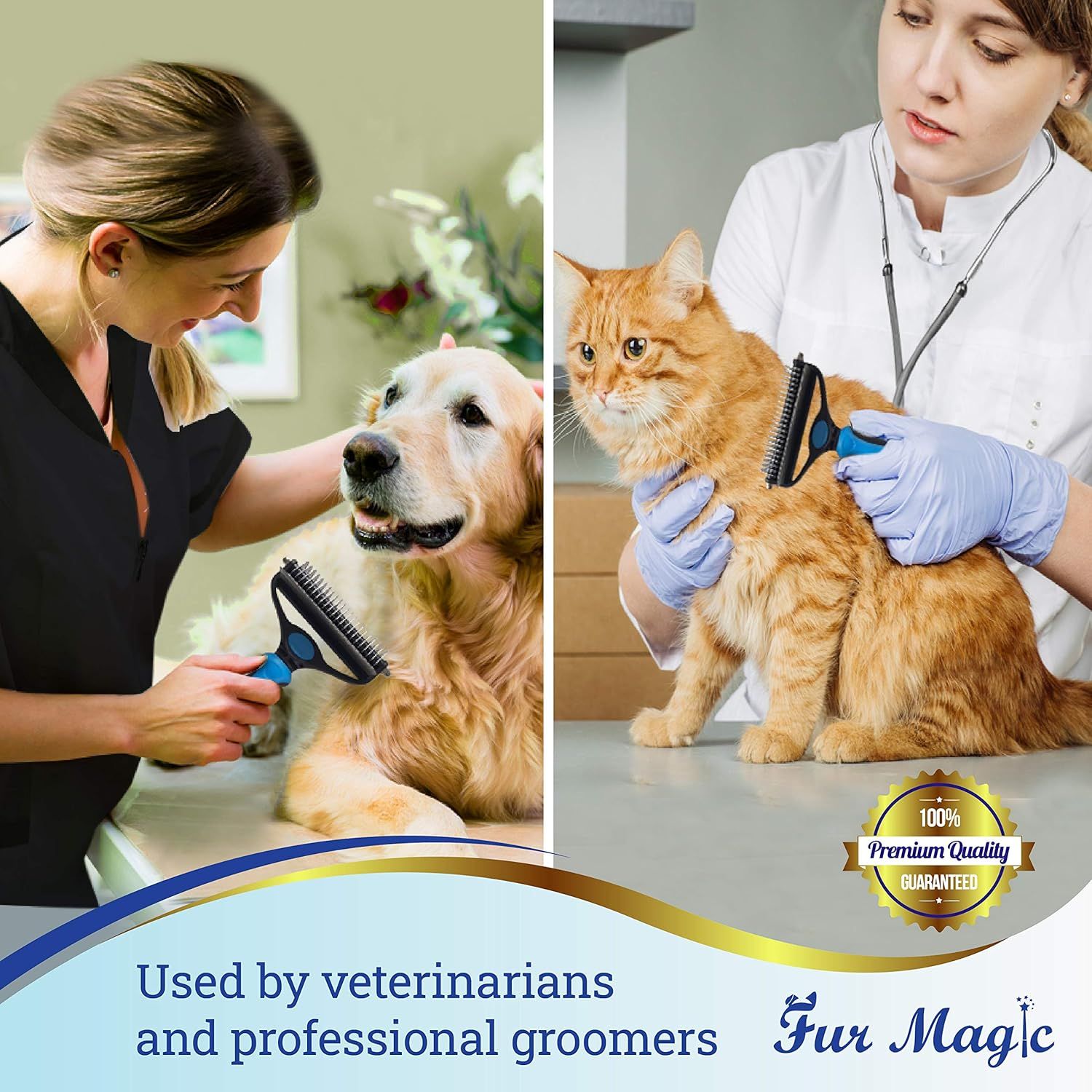 Demonstrates the versatility of the grooming tool by showing it being used by both veterinarians and professional groomers on different pets, reinforcing its professional-grade quality and broad…