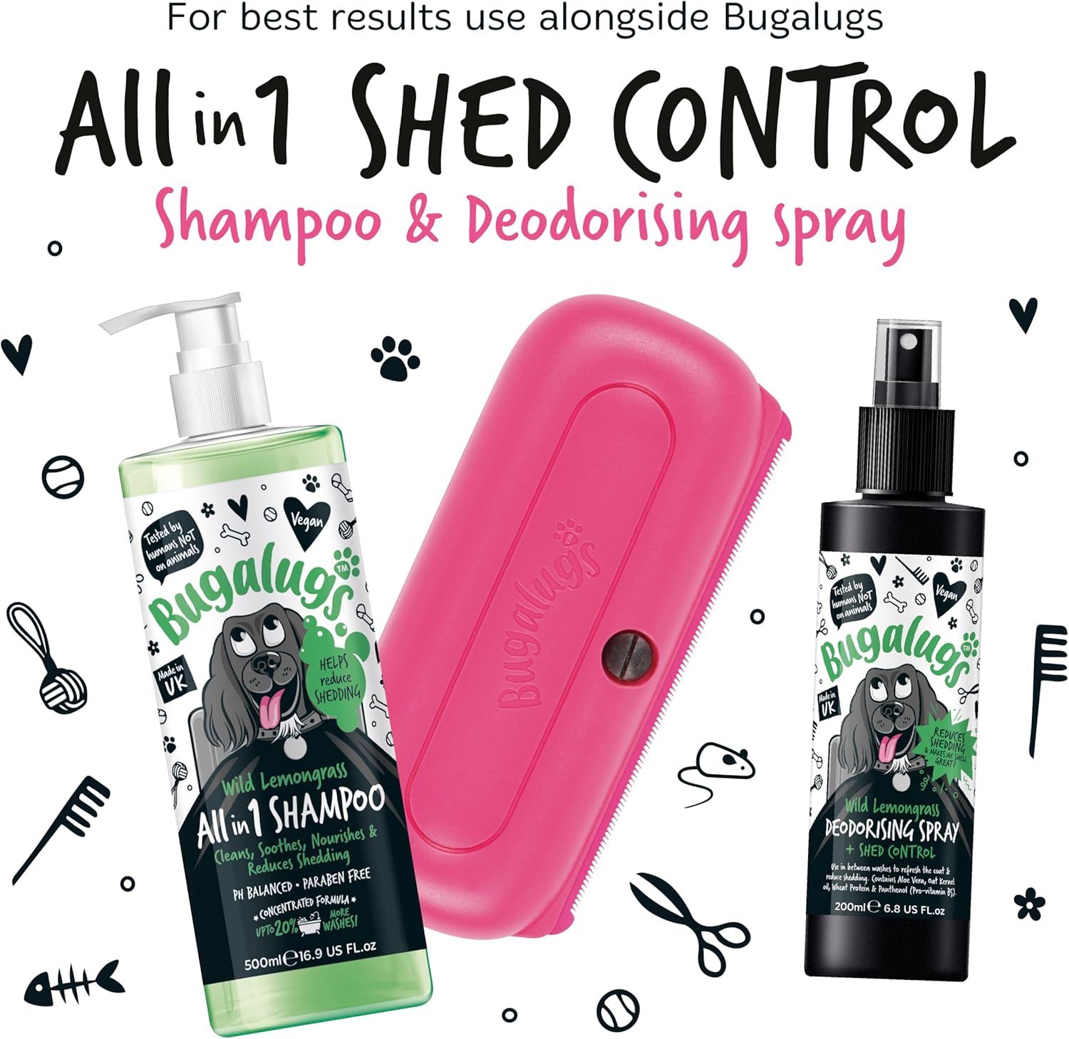 Shows the complete bundle of products included in the shed control system: shampoo, deodorizing spray, and grooming brush, helping shoppers understand what they receive with their purchase.
