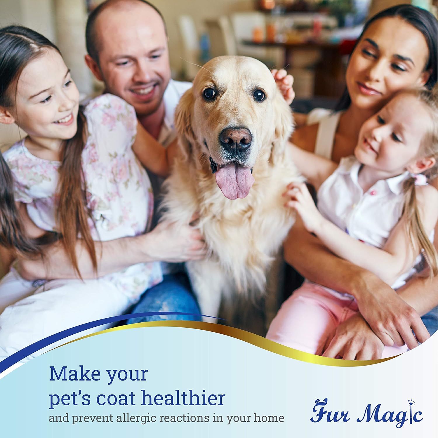 Communicates that the product makes pets coats healthier and prevents allergic reactions in the home, appealing to families with pets and allergy concerns.