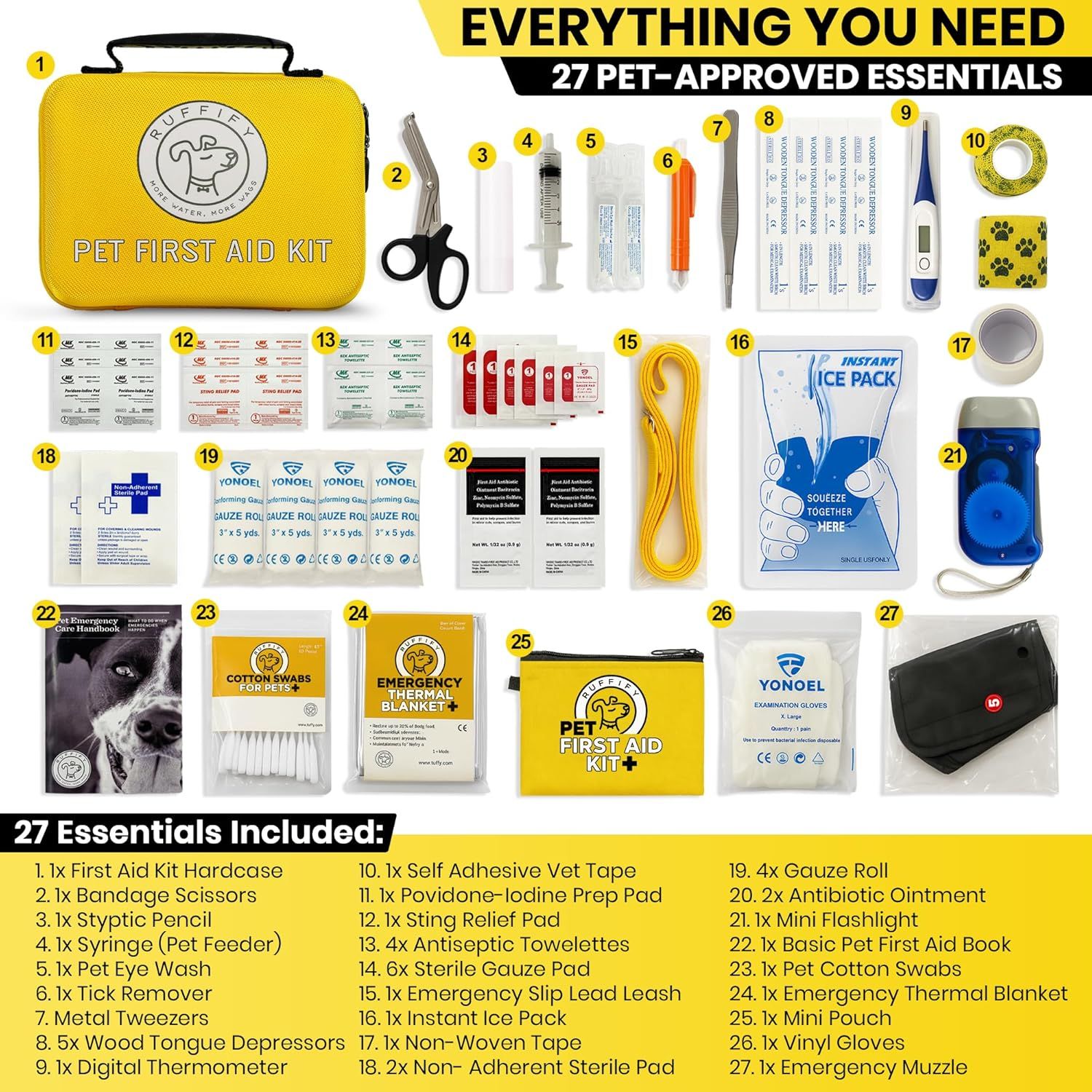 Shows everything included in the pet first aid kit to help shoppers understand the complete value and contents they will receive with their purchase.