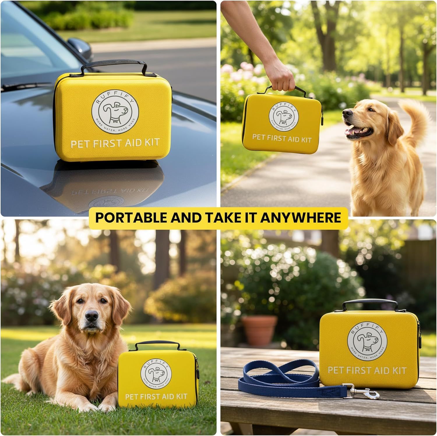 Demonstrates the versatility of the pet first aid kit by showing it in multiple real-world scenarios including car travel, outdoor walks, and park settings to communicate it can be taken anywhere.