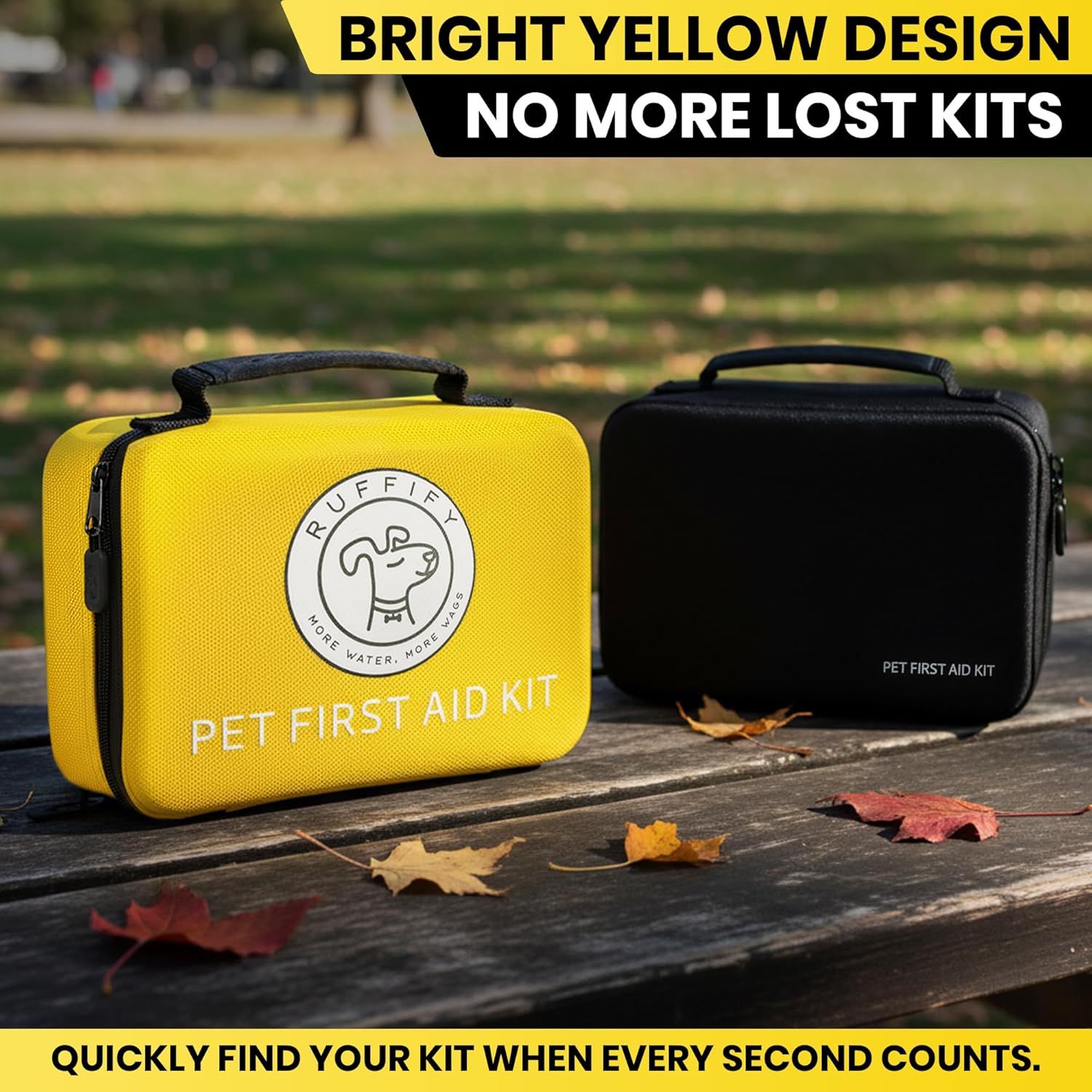 Communicates that the bright yellow color makes the pet first aid kit easy to spot and locate quickly in emergencies, solving the problem of lost or hard-to-find kits.