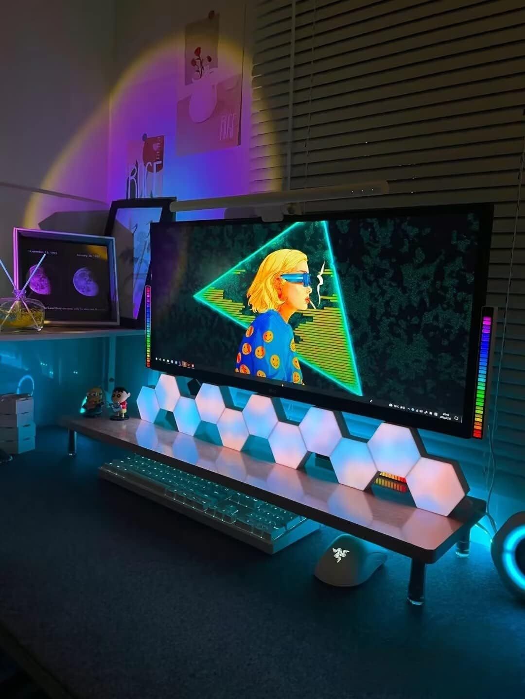 Demonstrates the product in a real-world gaming and creative environment to show its versatility and aesthetic appeal in a modern workspace setup.