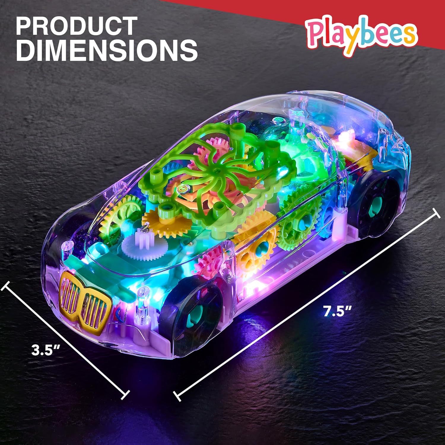 Communicates the exact physical dimensions of the toy car (3.5 inches by 7.5 inches) to help shoppers understand the product's size before purchase.