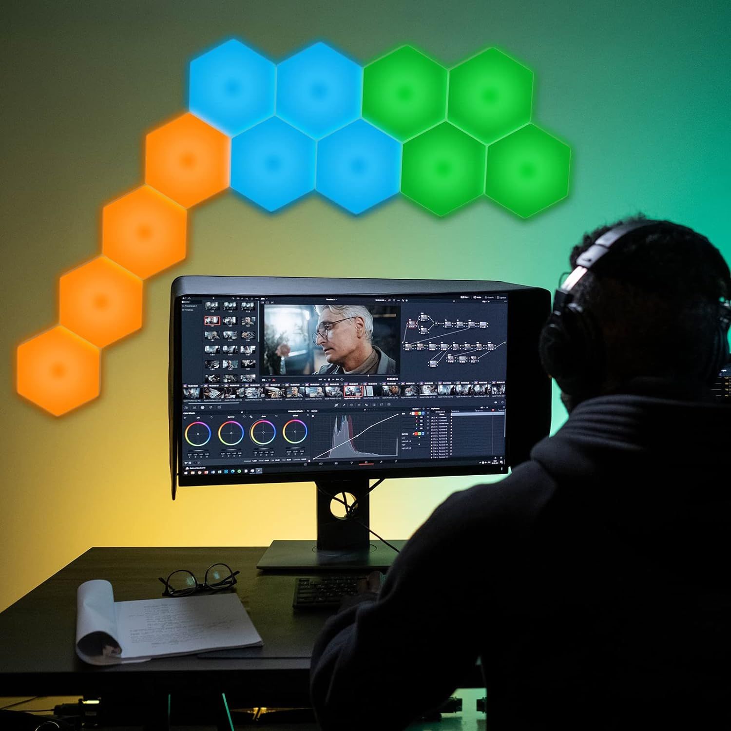 Shows the product being used in an authentic workspace setting to help shoppers visualize how it fits into their daily workflow and creative environment.