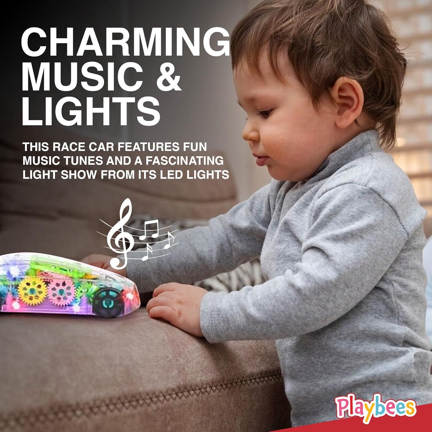 Highlights the race car toy's entertainment features including fun music tunes and LED light show to engage and captivate young children.