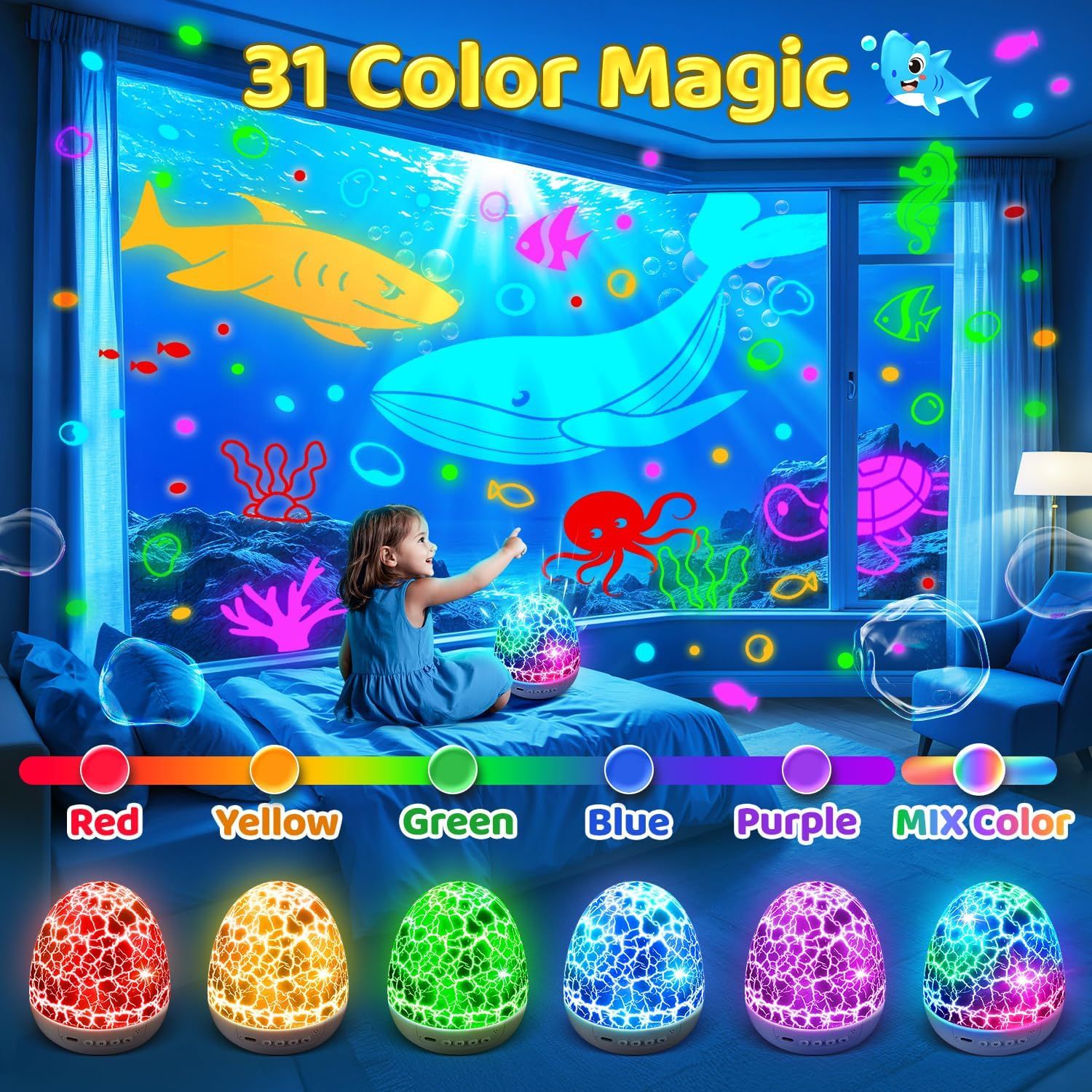 Demonstrates how the product creates an immersive ocean-themed projection environment in a child's room and showcases the variety of color options available. Highlights multiple features including…