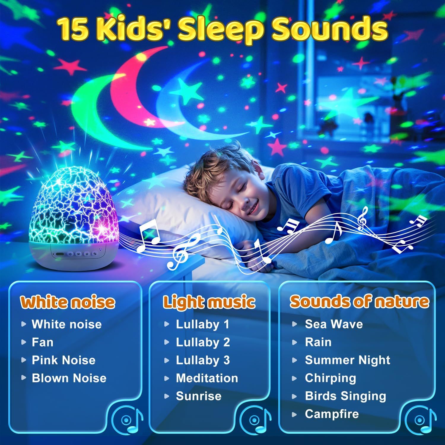 Showcases multiple features of the sleep sound machine including 15 different sound options across three categories (white noise, light music, nature sounds) and projection light capability to help…