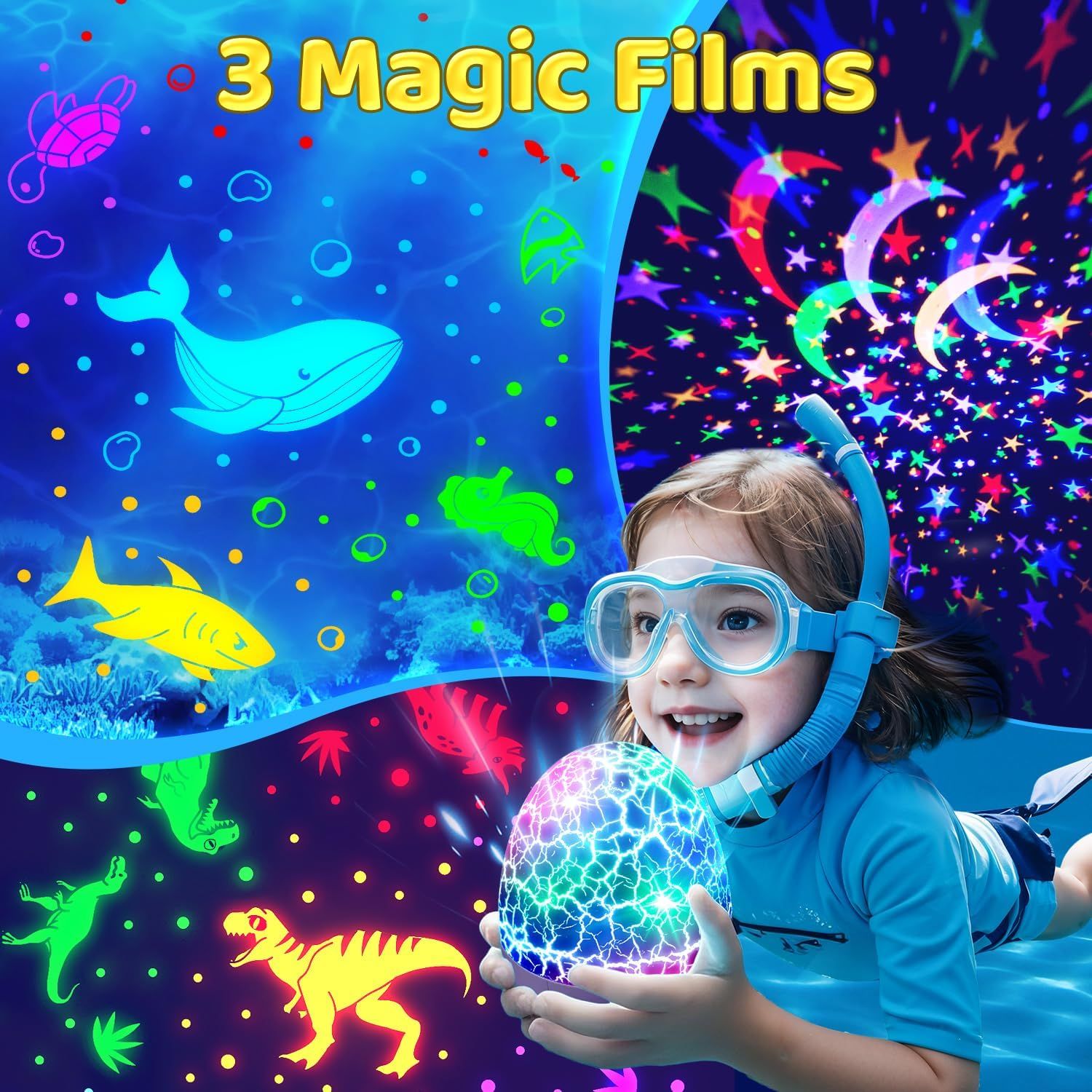 Demonstrates the product's versatility by showcasing three different projection themes (underwater ocean, space stars, and dinosaur) that can be used to create immersive visual experiences for…