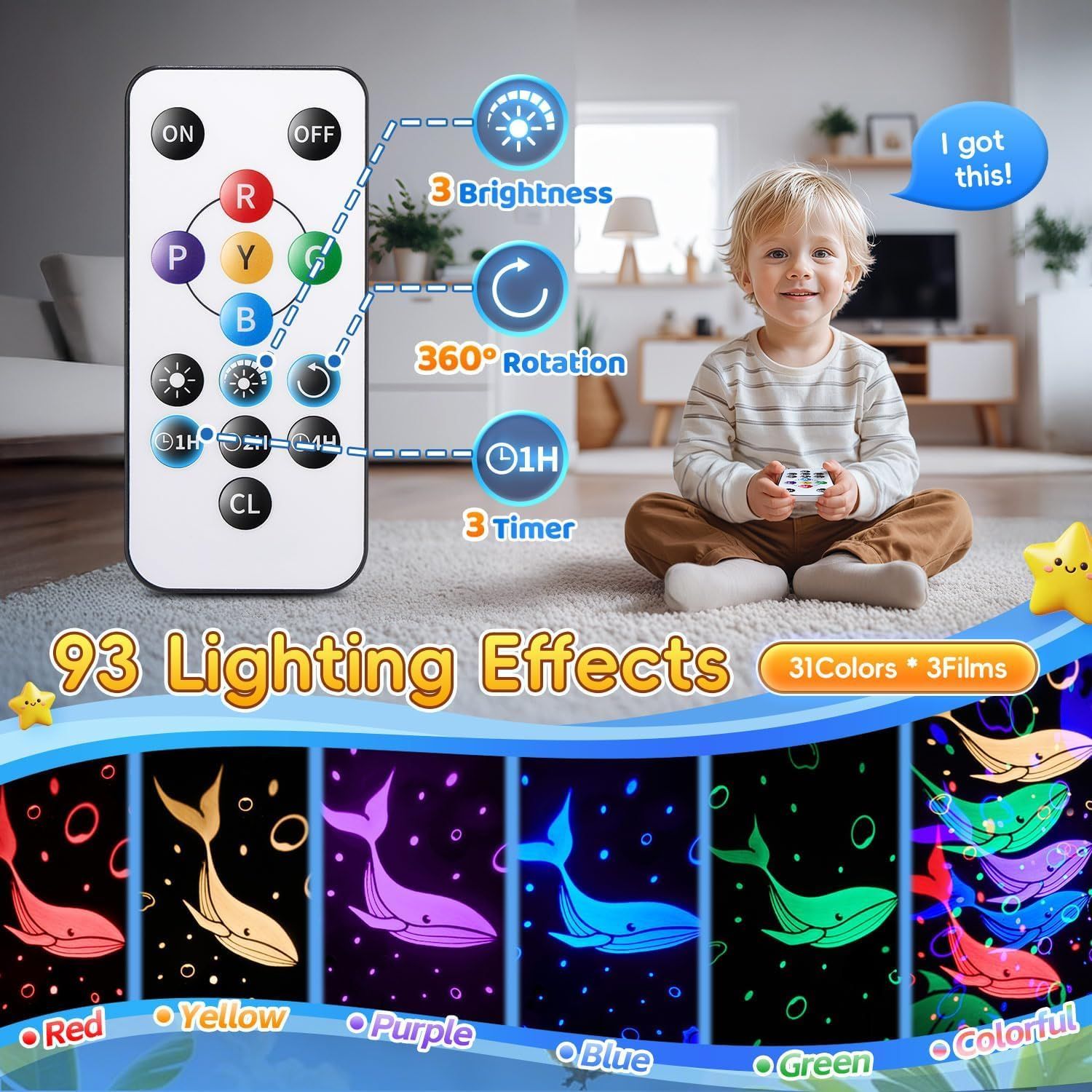 Showcases multiple features of the product including brightness control, rotation capability, timer settings, and extensive lighting effects to demonstrate versatility and functionality.