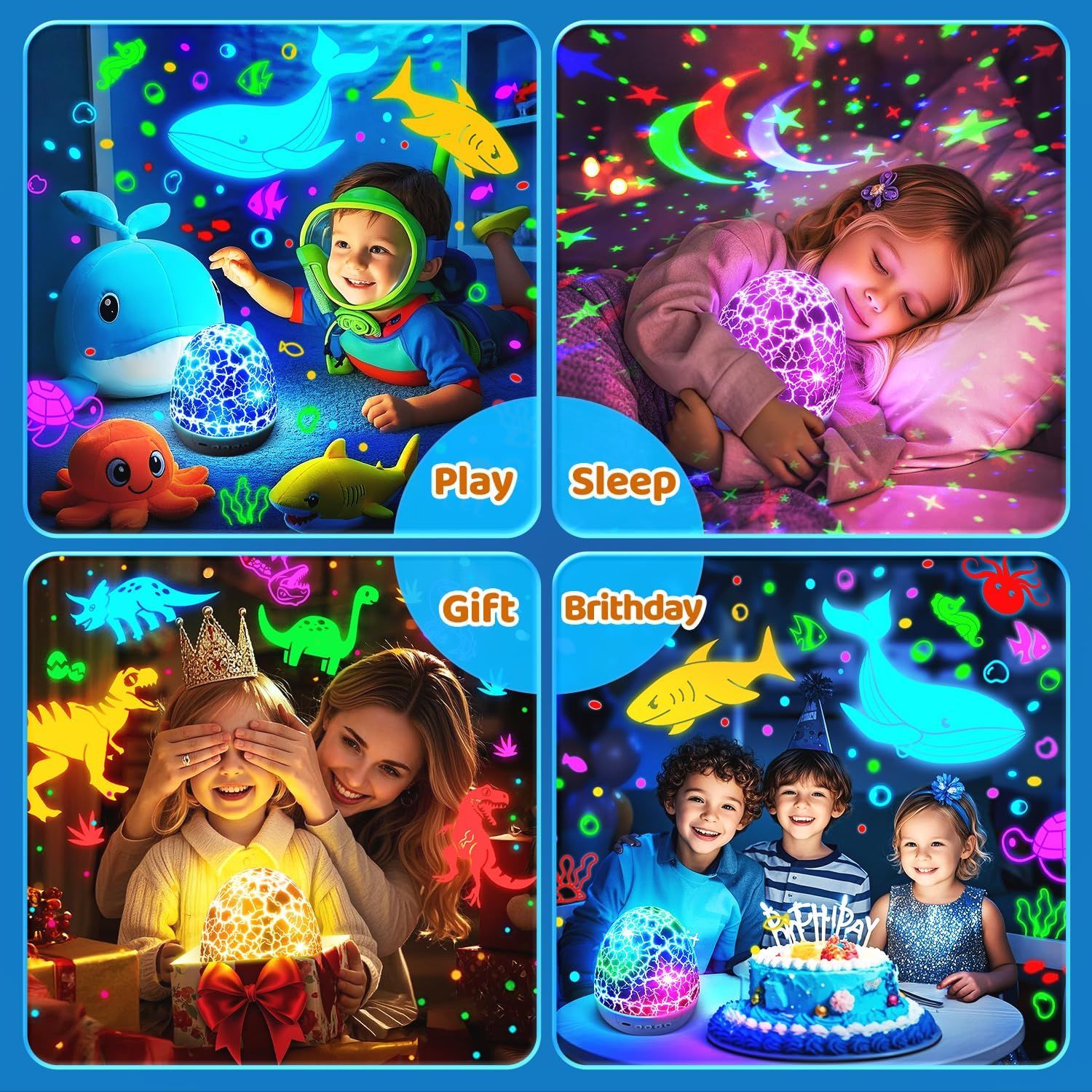 Demonstrates the versatility of the product by showing four different use cases: playtime entertainment, sleep aid with projection, gift-giving occasion, and birthday party setting.