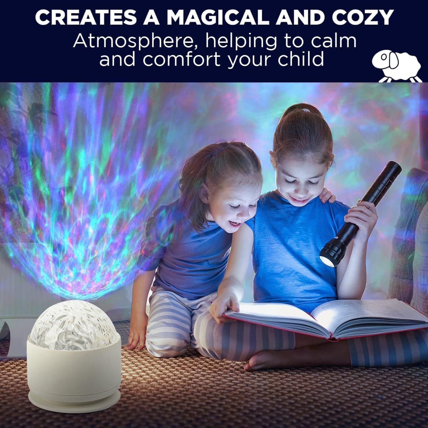 Demonstrates how the product creates a soothing, magical atmosphere with colorful light projections to help calm and comfort children at bedtime or reading time.