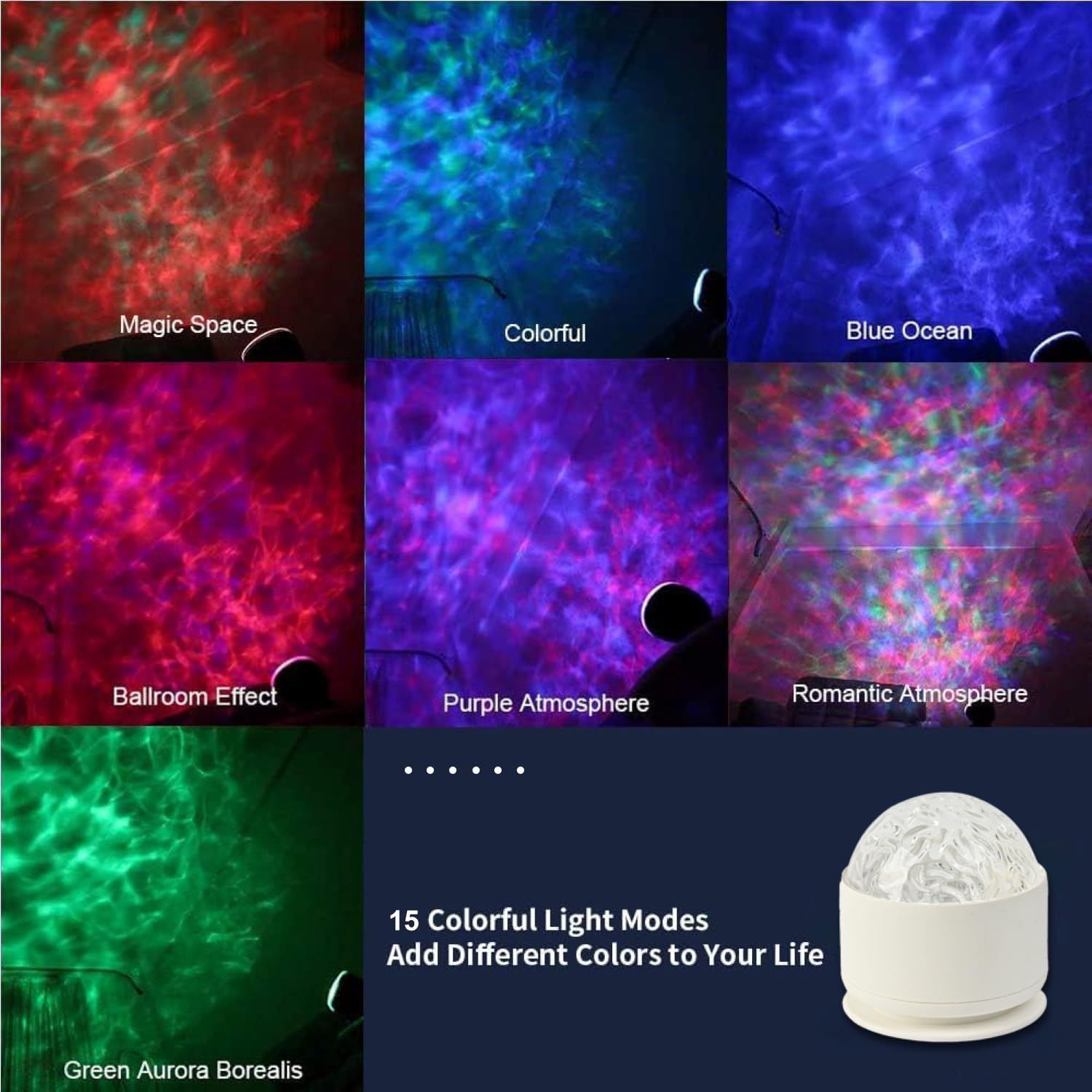 Communicates that the product offers 15 different colorful light modes to create various atmospheric effects and moods in any space.