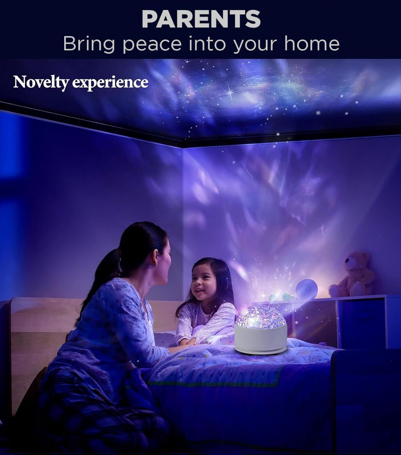 Demonstrates how the product creates a calming, immersive starry night projection experience for parents and children at bedtime, highlighting its use case for bringing peace into the home.