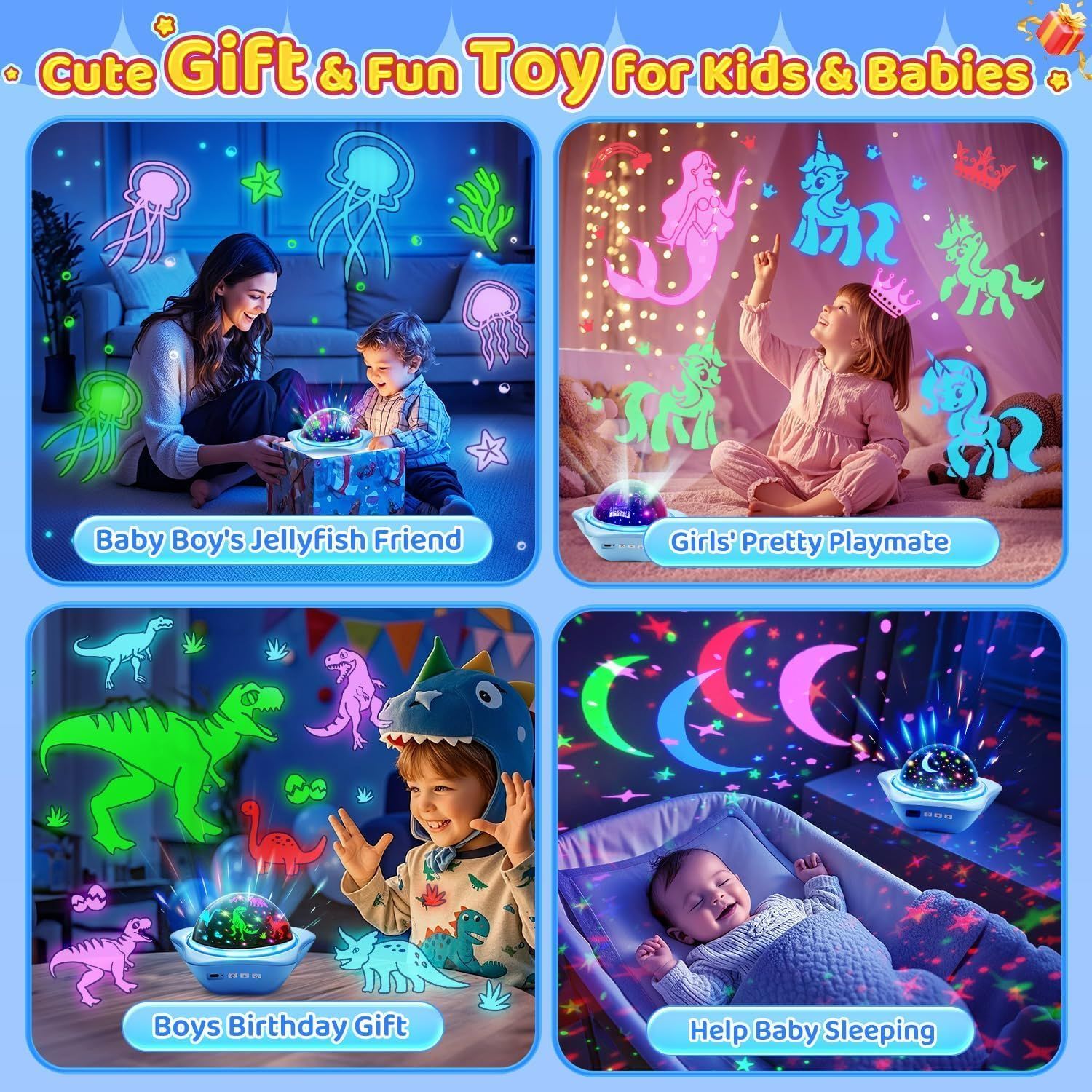 Demonstrates the versatility of the projection toy by showing four different use cases: as a jellyfish-themed toy for baby boys, a unicorn playmate for girls, a dinosaur birthday gift for boys, and…