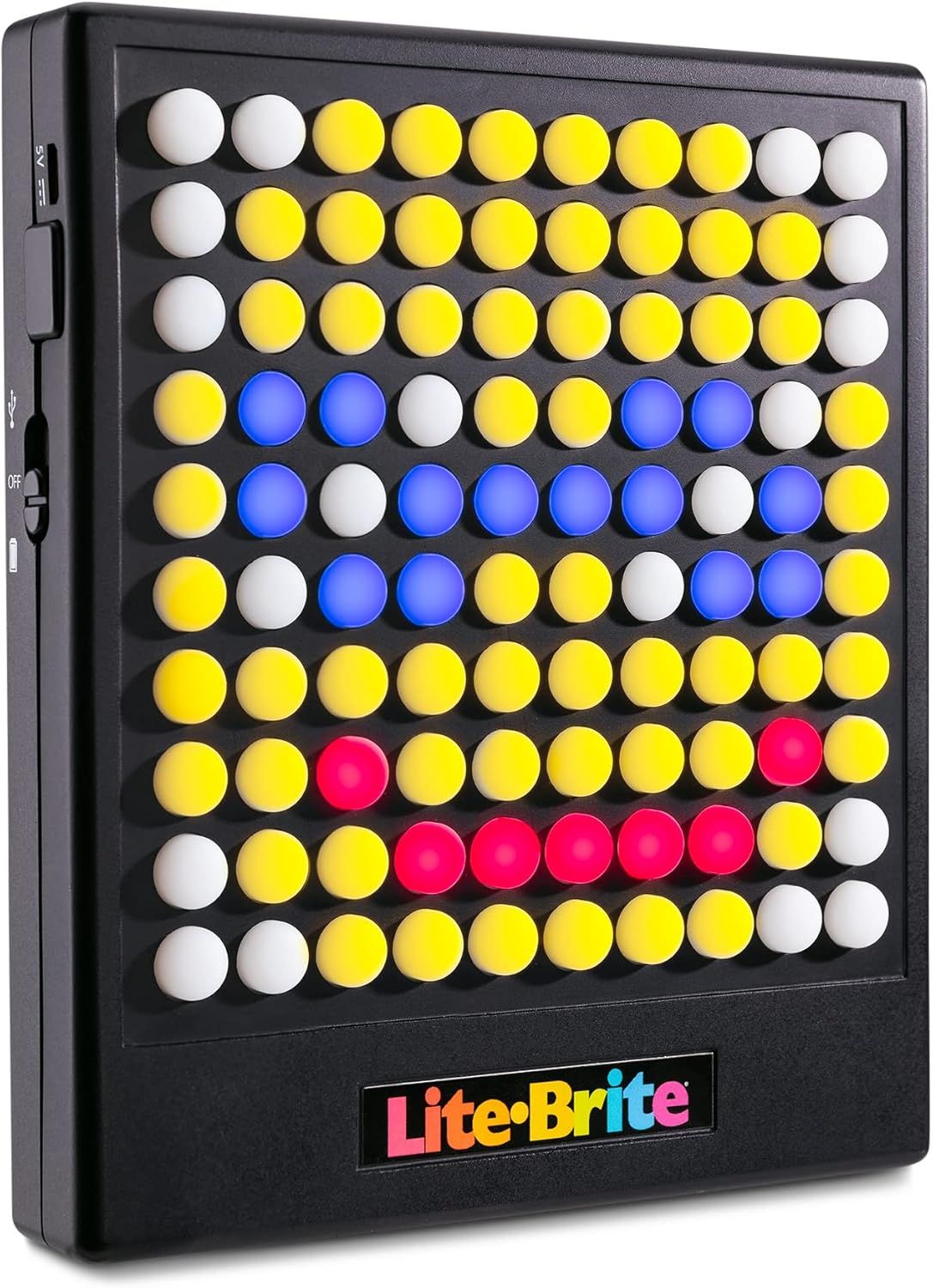 Shows the Lite-Brite toy with colored pegs arranged in a pattern to demonstrate how the product looks when actively being used or played with.