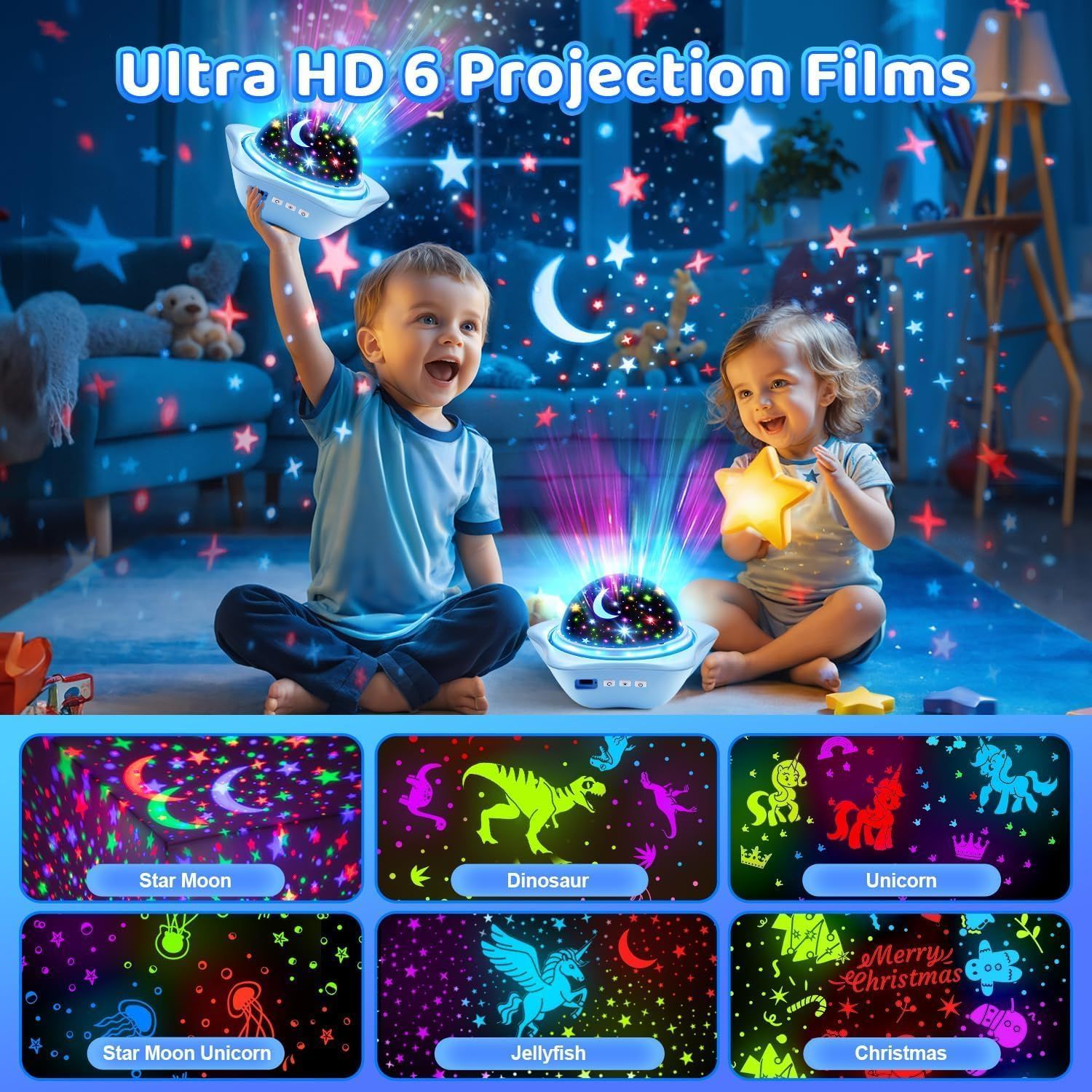 Shows all six projection film options included with the product, demonstrating the variety of themes available for children's entertainment. Demonstrates the versatility of the product by showcasing…