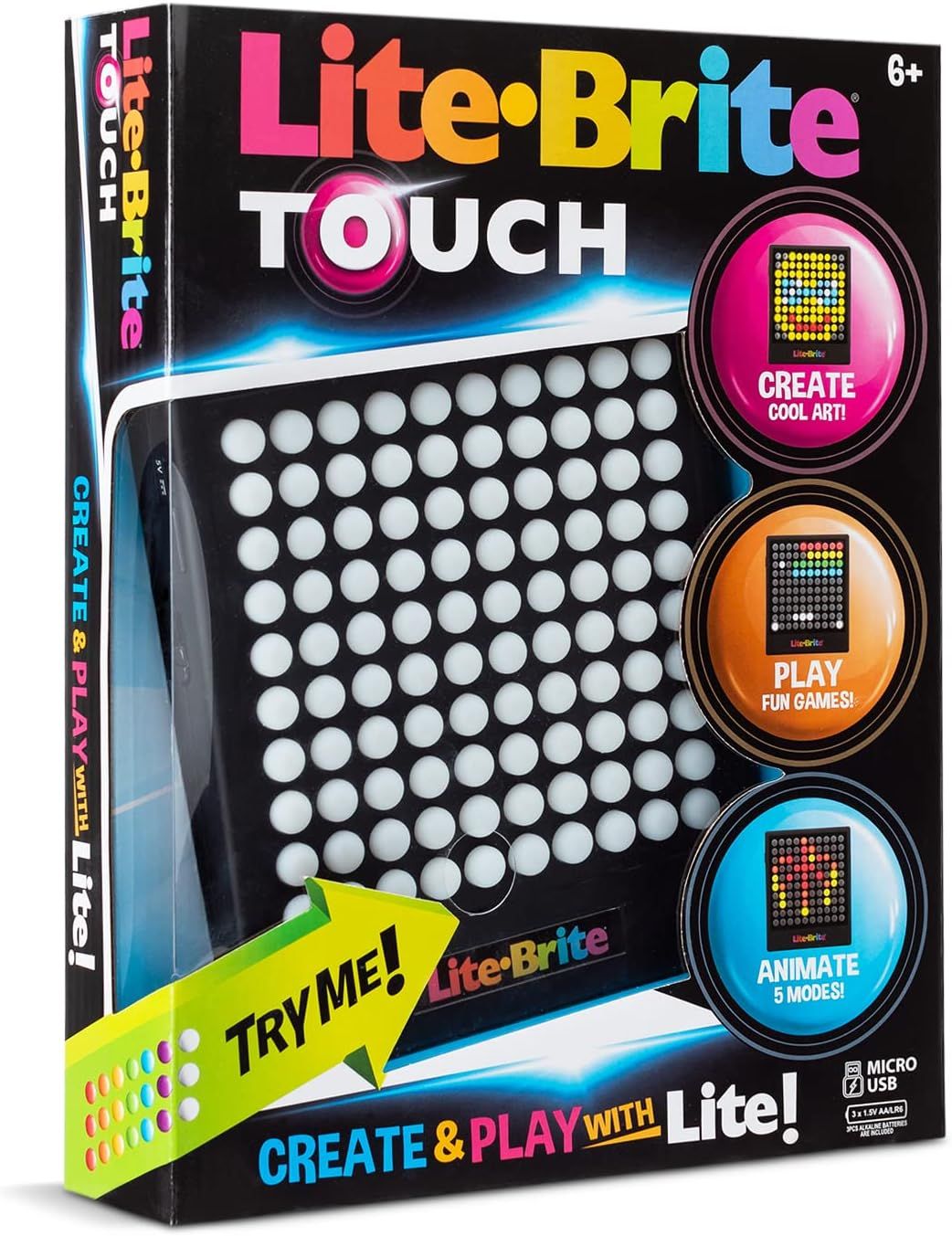 Showcases three distinct features of the Lite-Brite Touch product to demonstrate its versatility for creating art, playing games, and animating designs.