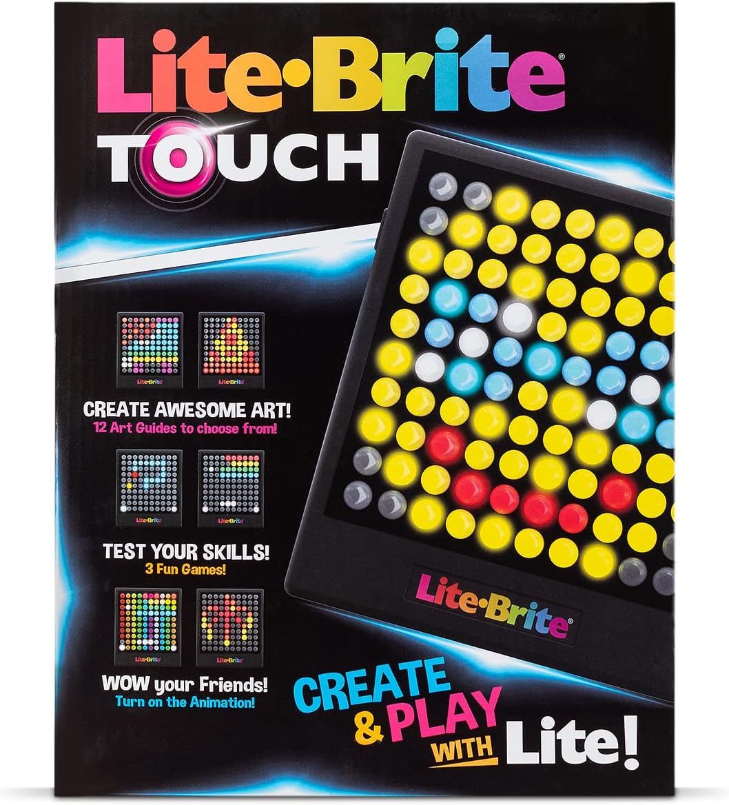 Showcases multiple features of the Lite-Brite Touch product including art creation with 12 guides, 3 fun games, and animation capabilities to demonstrate the product's versatility and entertainment…