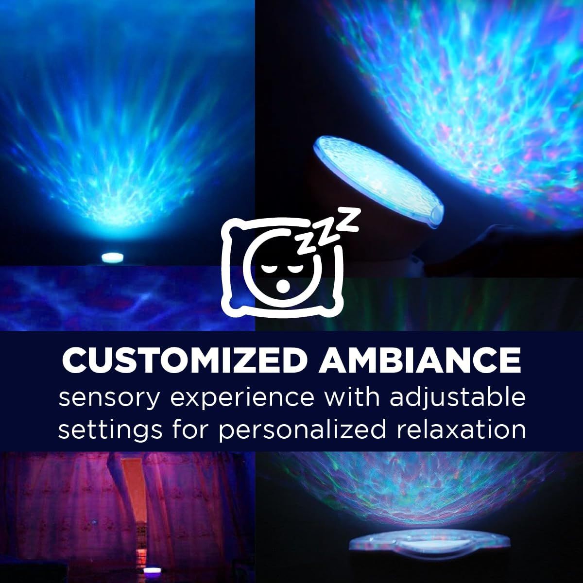 Communicates that the product offers adjustable settings to create a personalized sensory and relaxation experience through customizable light projections.