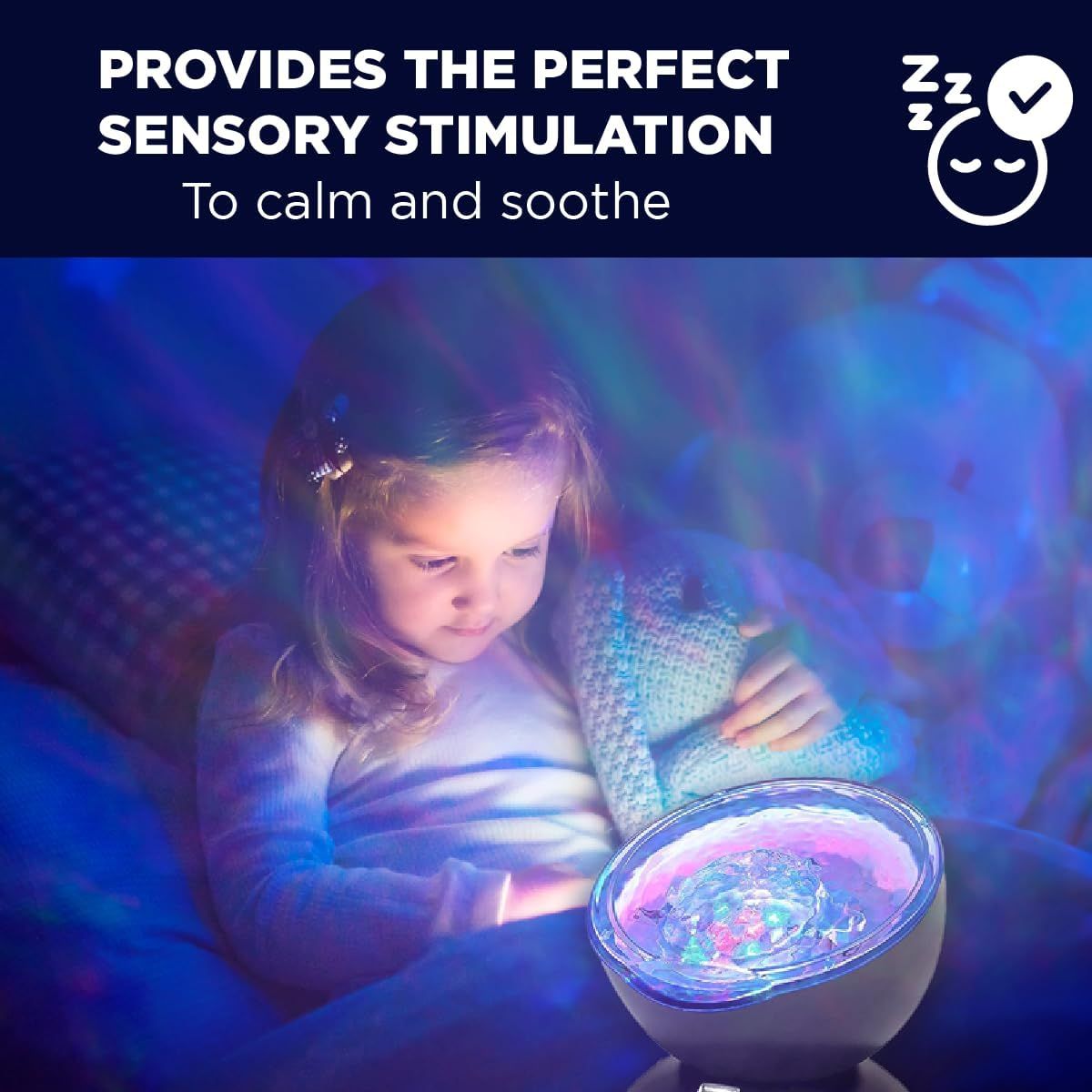 Communicates that the product provides sensory stimulation through visual light projection to help calm and soothe children, particularly for relaxation and sleep.