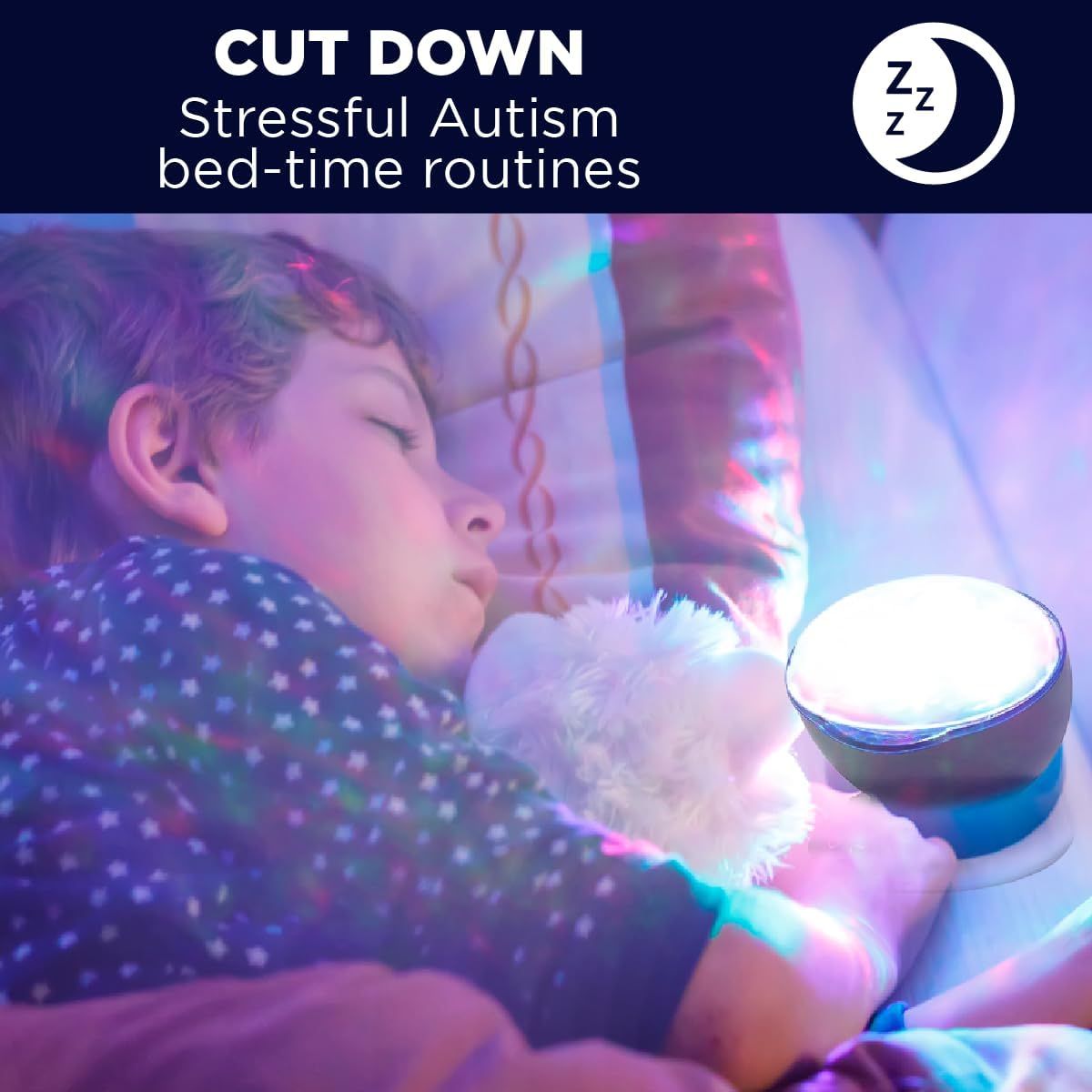 Communicates that the product helps reduce stressful bedtime routines for children with autism by providing a calming sleep environment.