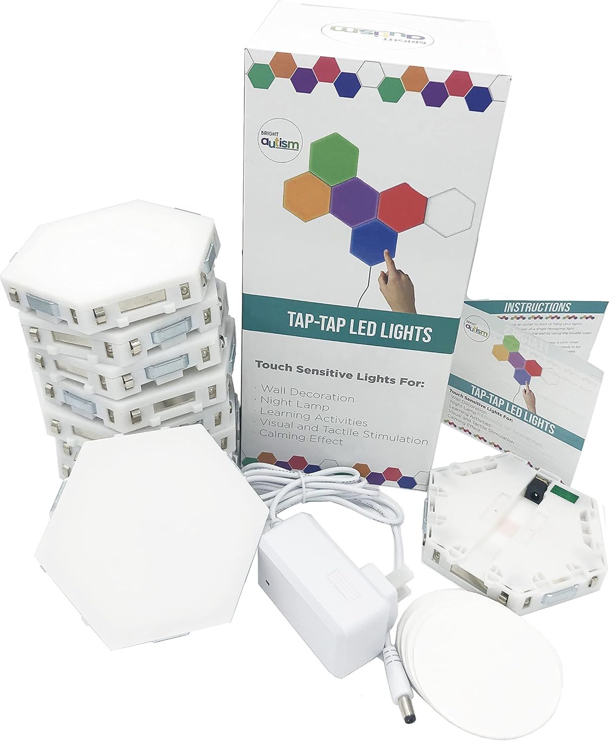 Shows everything included in the package: hexagonal LED light panels, power adapter, cables, instruction manual, and packaging to help shoppers understand the full value of what they receive.