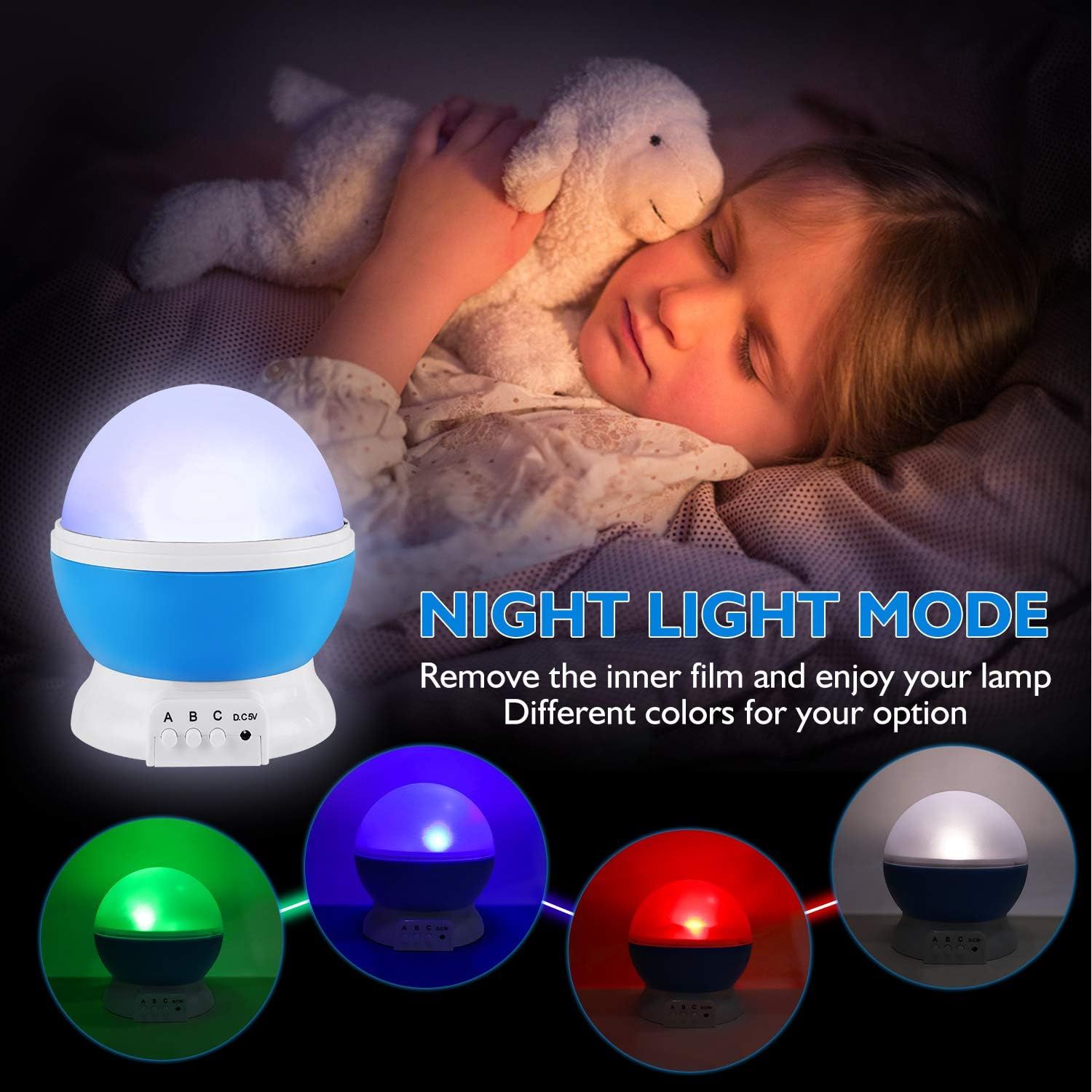 Communicates that the product functions as a night light with multiple color options, providing comfort and ambient lighting for children at bedtime.