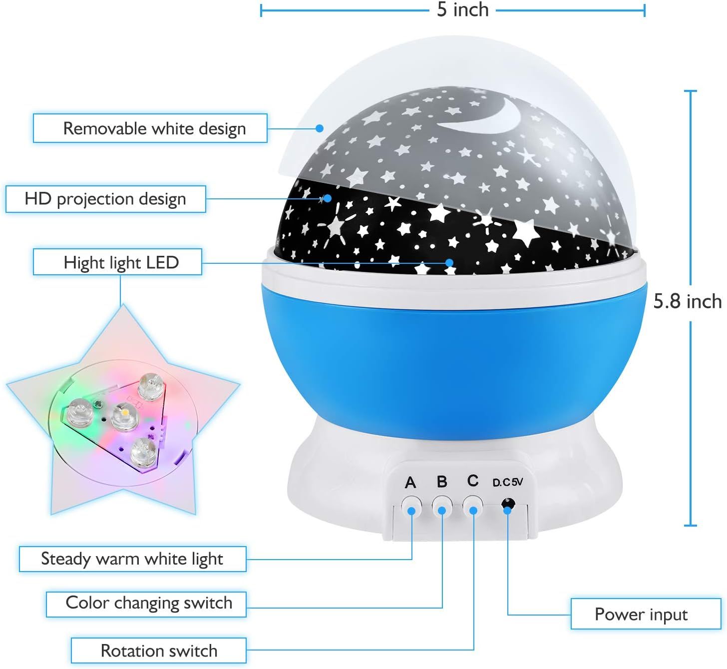 This image breaks down the star projector night light by labeling its key functional components and dimensions, helping shoppers understand how each part works and what features are included.