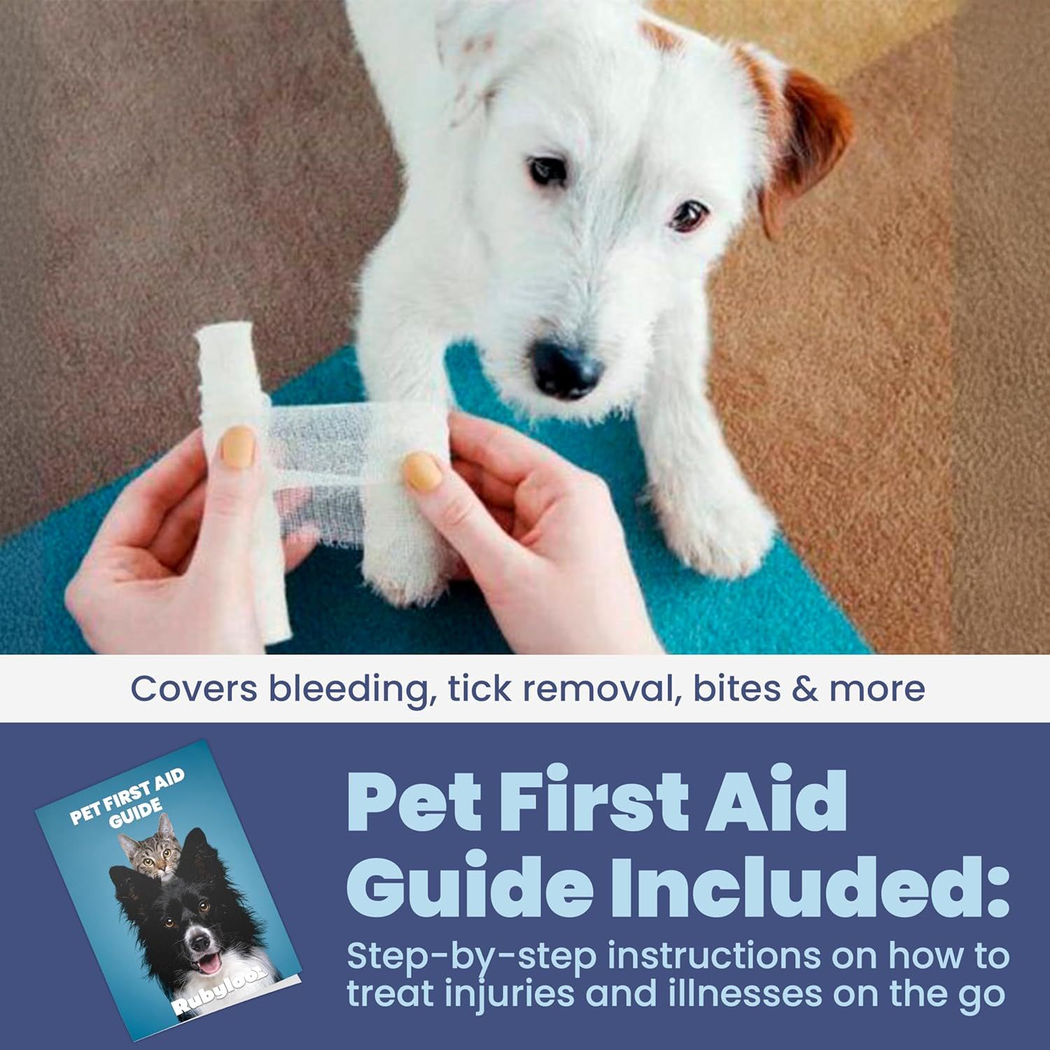 Demonstrates the versatility of the pet first aid product by showing it can handle multiple emergency situations including bleeding, tick removal, and bites. Highlights that a comprehensive Pet…