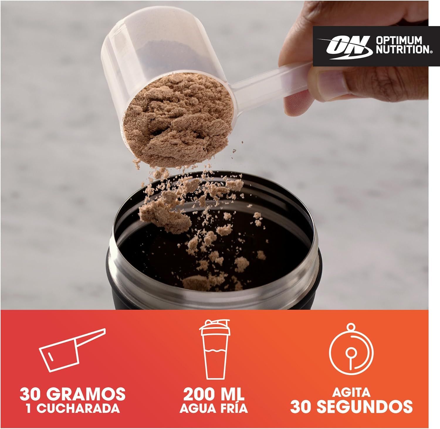 Demonstrates the simple three-step process for preparing the protein powder: add one scoop (30 grams) to 200ml cold water and shake for 30 seconds.