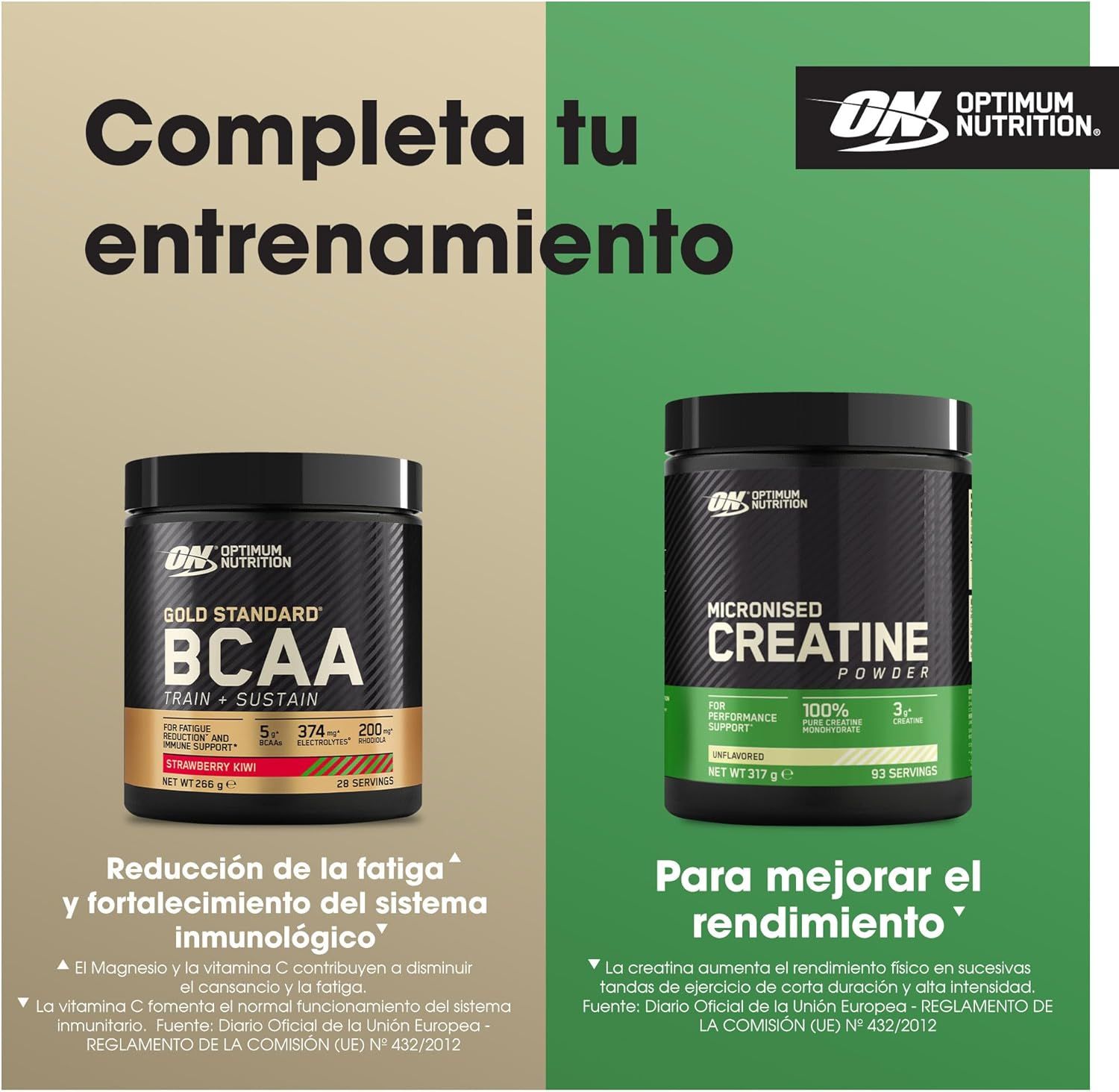 This image showcases two complementary products with distinct benefits: BCAA for reducing fatigue and supporting the immune system, and Creatine for improving physical performance during exercise.