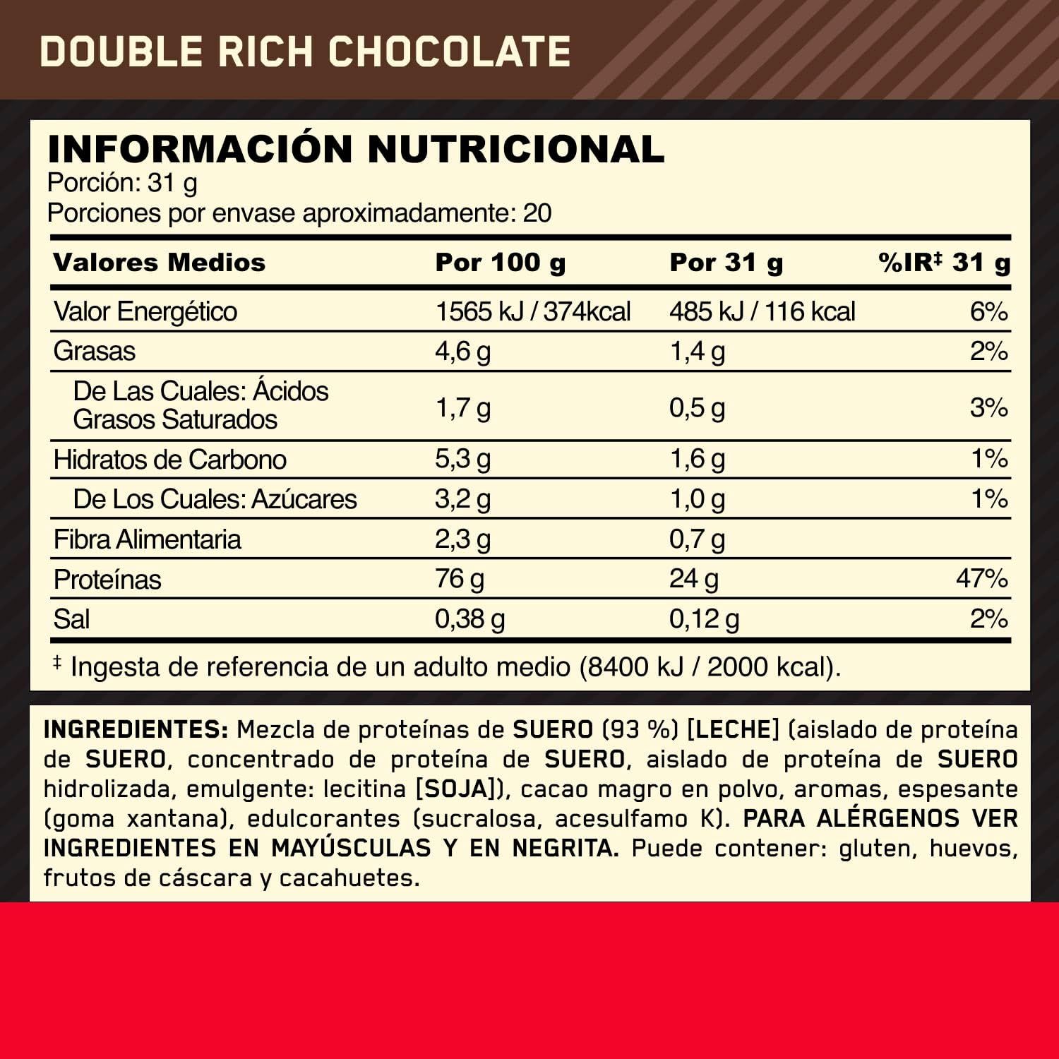 Communicates the nutritional profile and high protein content (24g per serving, 47% daily value) to help shoppers assess the product's health benefits and macronutrient composition.