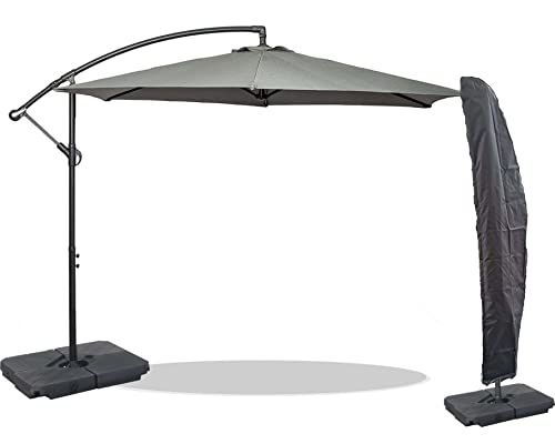 Shows the customer that the purchase includes both the cantilever umbrella and a protective storage cover, demonstrating the complete package they will receive.