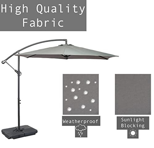 Communicates multiple key benefits of the umbrella fabric including its premium quality, weather resistance, and UV protection to reassure shoppers of durability and functionality.