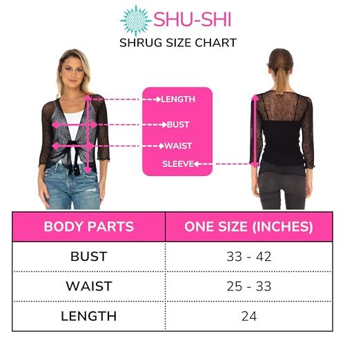 Provides detailed sizing information including bust, waist, length, and sleeve measurements to help shoppers determine if the shrug will fit them properly.