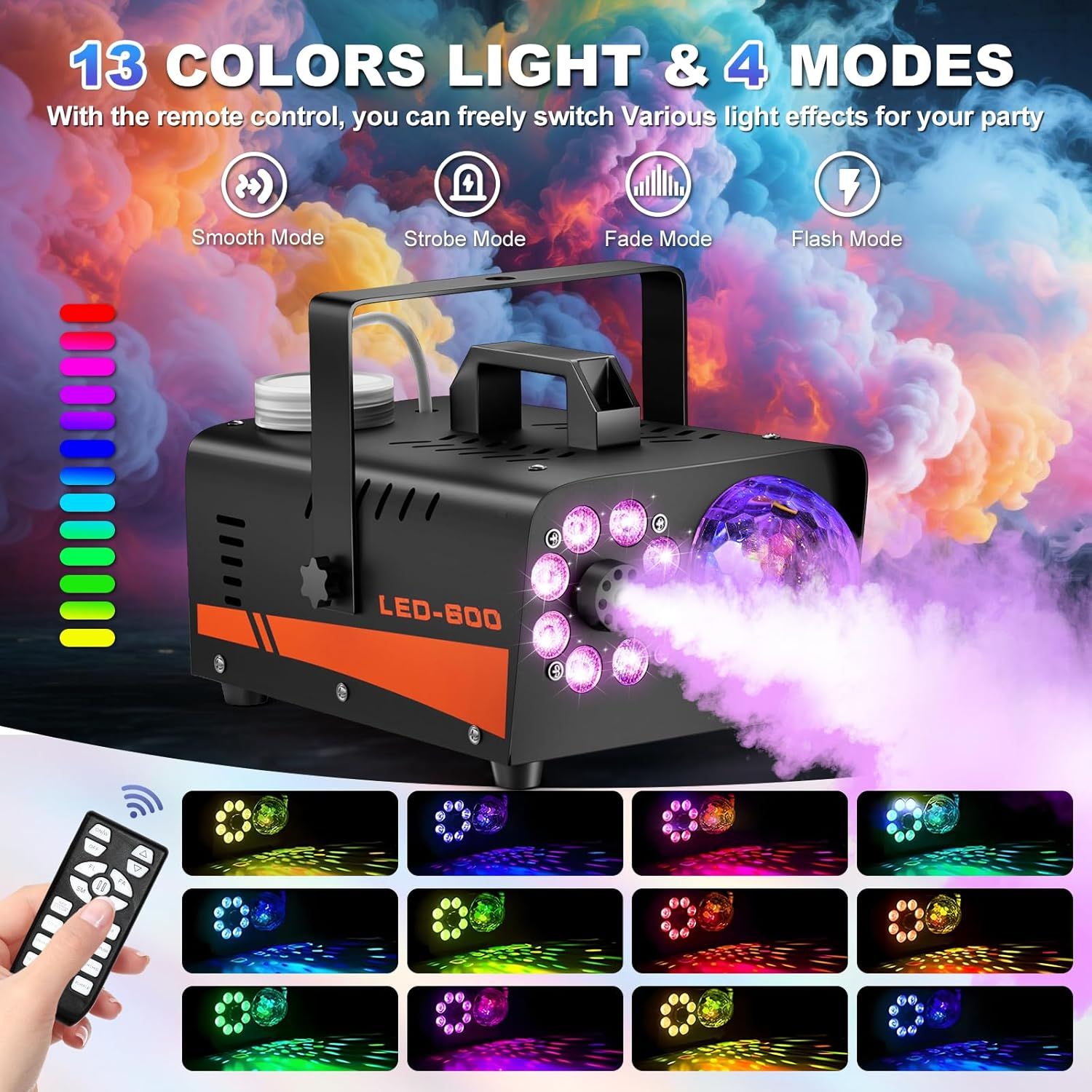 Showcases the versatility of the fog machine with multiple color options and lighting modes, demonstrating how customers can customize light effects for parties and events using the included remote…