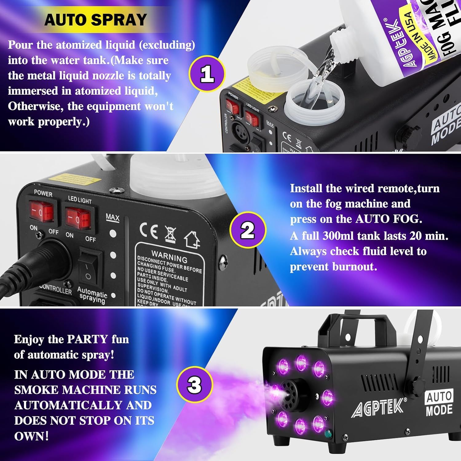 Provides step-by-step instructions on how to set up and operate the fog machine in auto spray mode, helping customers understand the setup process and automatic functionality.