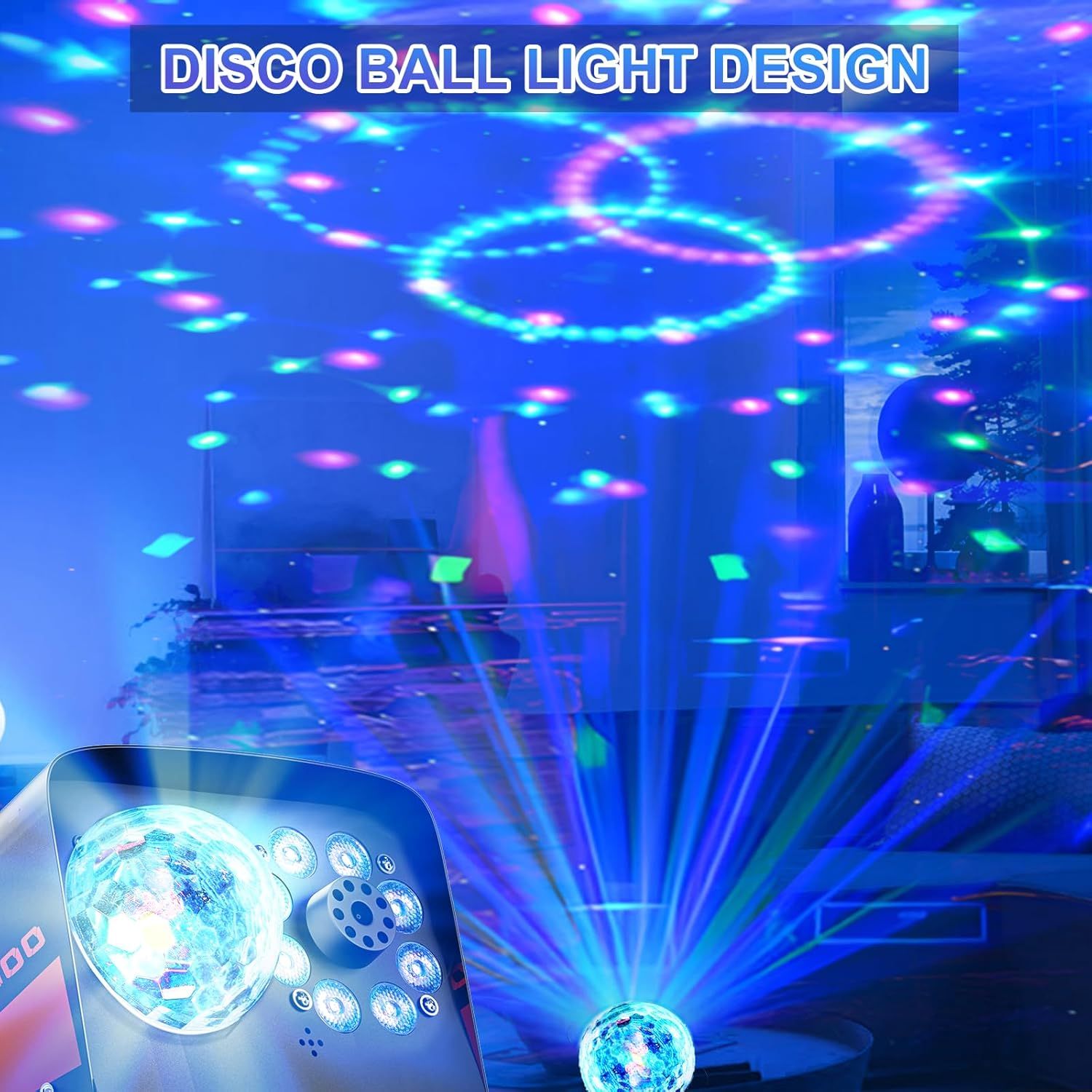 Showcases the colorful disco ball lighting effect that the product creates, demonstrating its ability to transform a room into a party atmosphere with vibrant multicolored light projections.