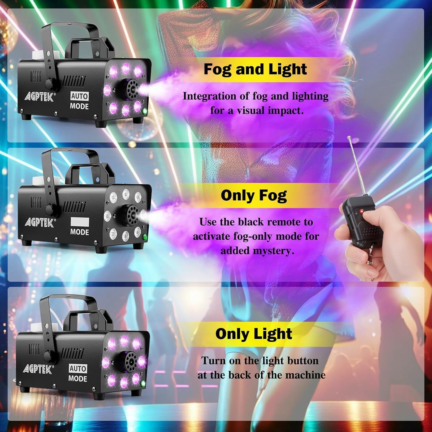 Demonstrates the three different operating modes of the fog machine to show versatility and help shoppers understand how they can customize the visual effects for different occasions.