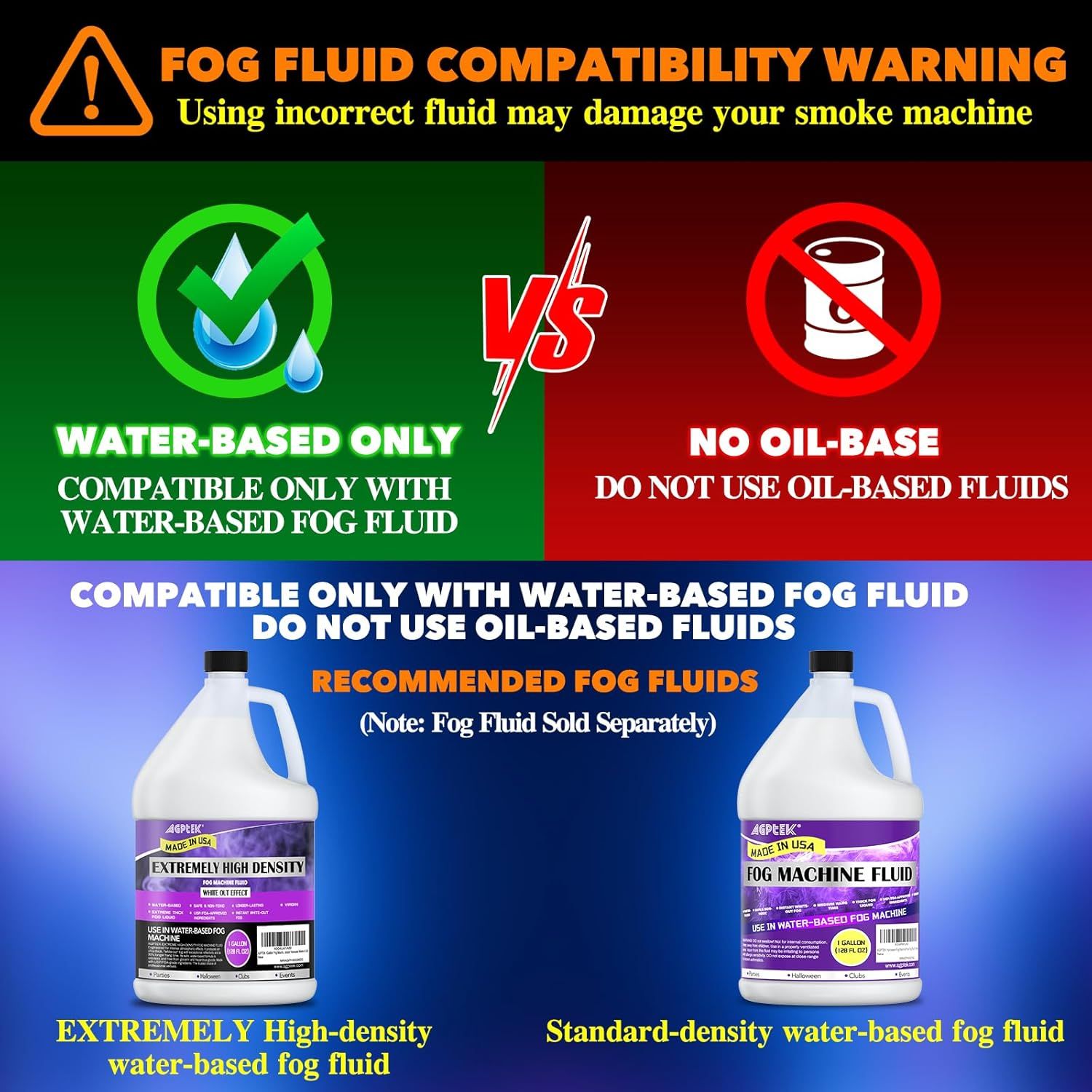 Warns customers that the smoke machine is only compatible with water-based fog fluid and that using oil-based fluids may damage the machine, while also recommending specific compatible products.