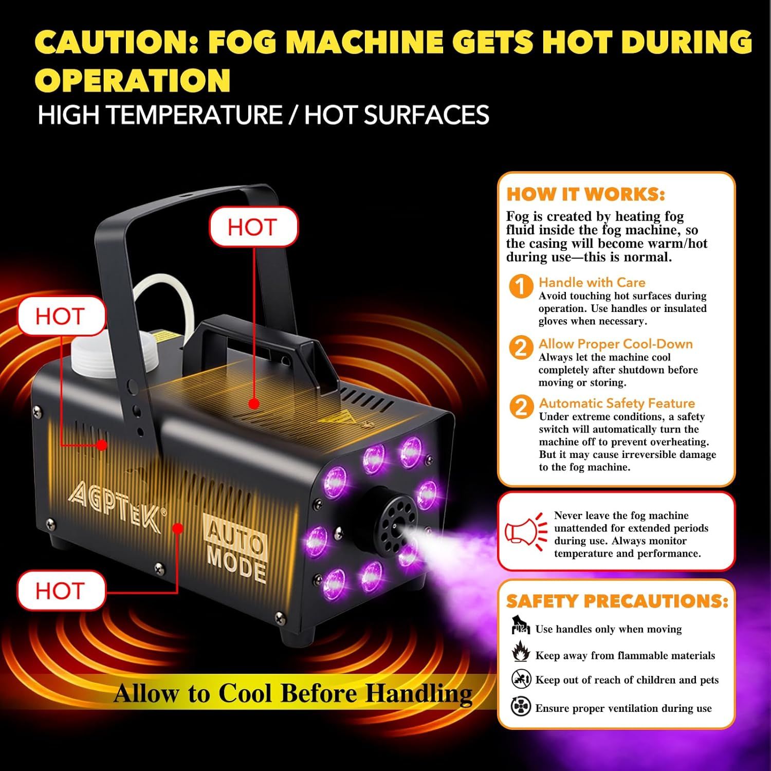 Warns shoppers that the fog machine gets hot during operation and provides critical safety precautions to prevent burns and ensure safe usage. Explains how the fog machine works and provides…