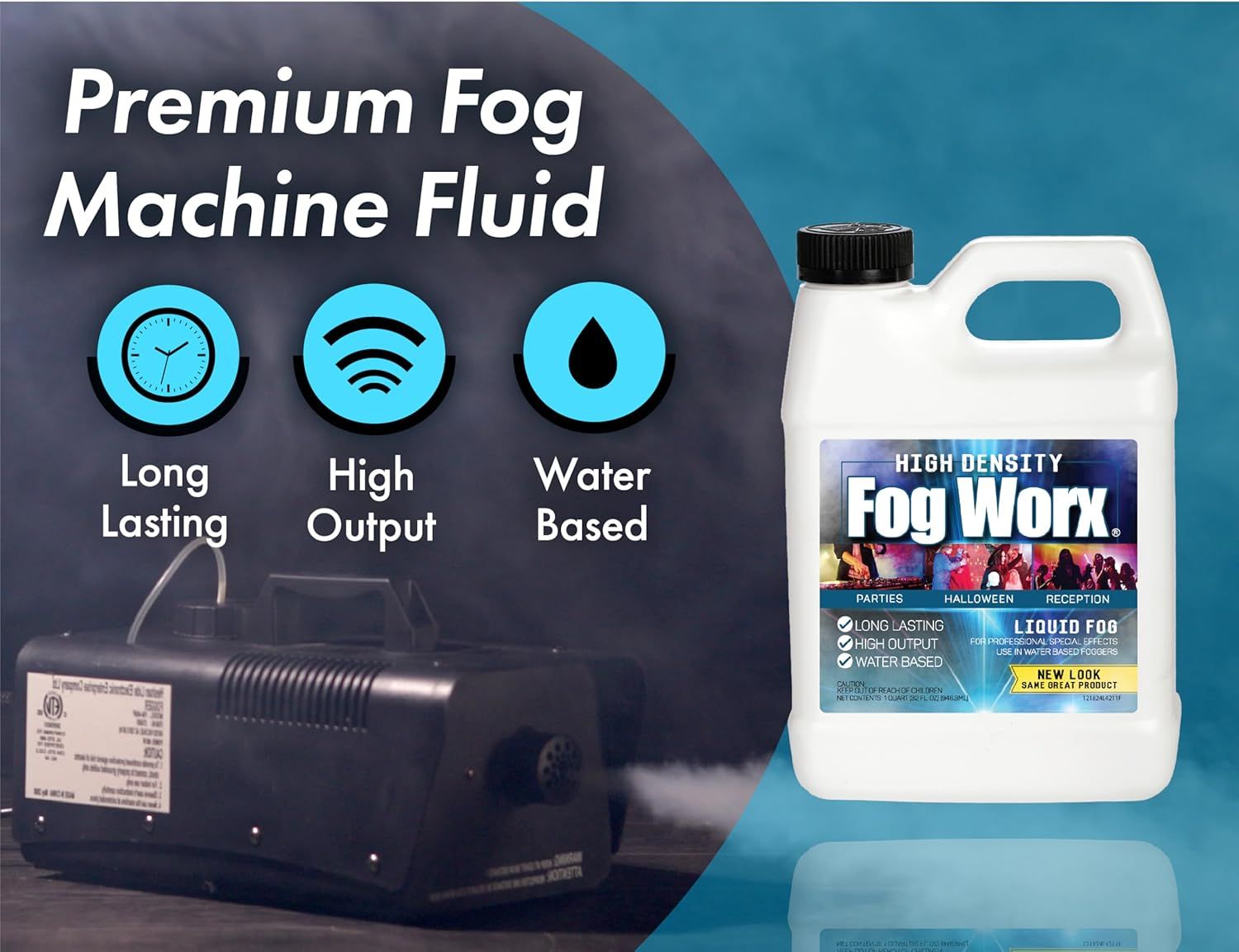 Communicates three key benefits of the fog machine fluid to help shoppers understand its performance advantages and safety features.