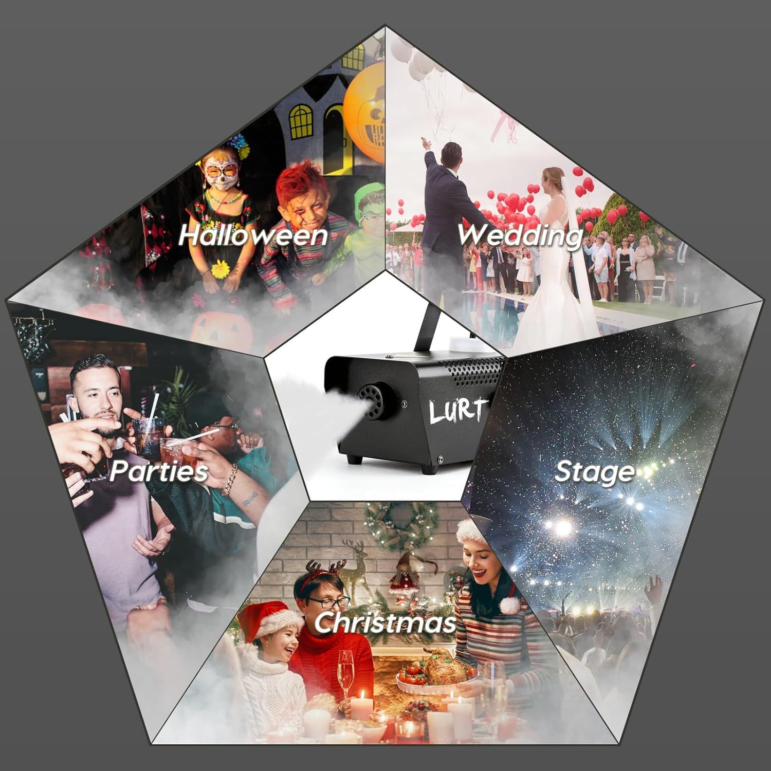 Demonstrates the versatility of the fog machine by showing it can be used across multiple occasions and environments including Halloween parties, weddings, general parties, stage performances, and…