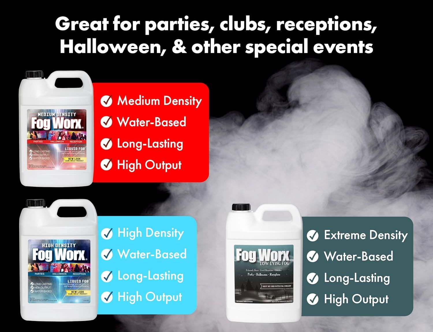 Guides shoppers through selecting the right fog machine fluid density (Medium, High, or Extreme) based on their specific event needs and desired fog output characteristics. Demonstrates the various…