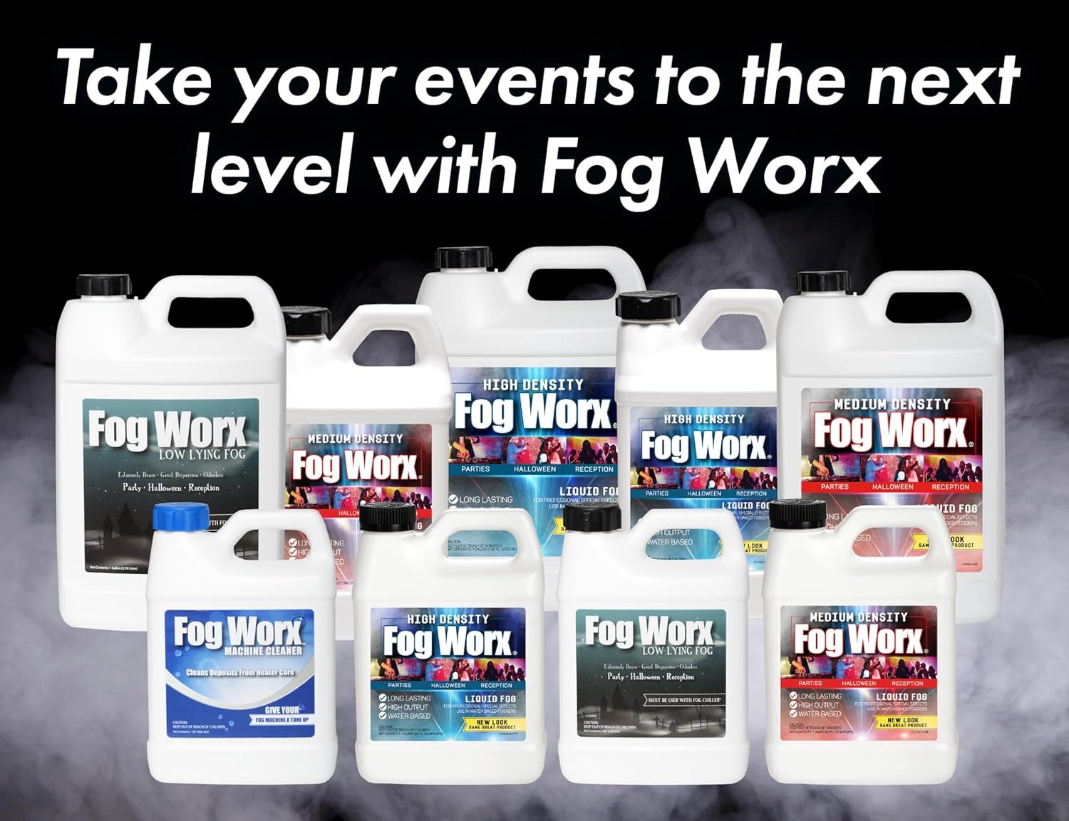 Displays the complete Fog Worx product line including different fog fluid densities and machine cleaner to show shoppers the variety of options available for different event needs.
